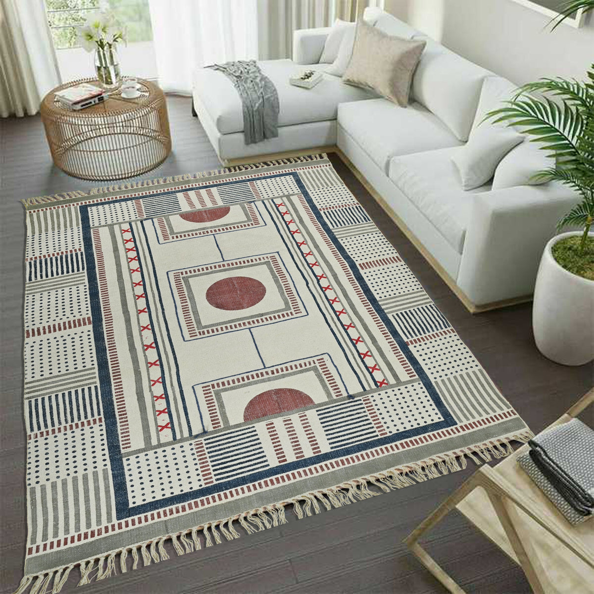 Block-printed cotton dhurrie rug styled in living room — Art Avenue
