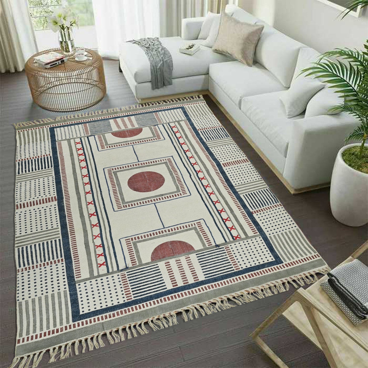 Block-printed cotton dhurrie rug styled in living room — Art Avenue