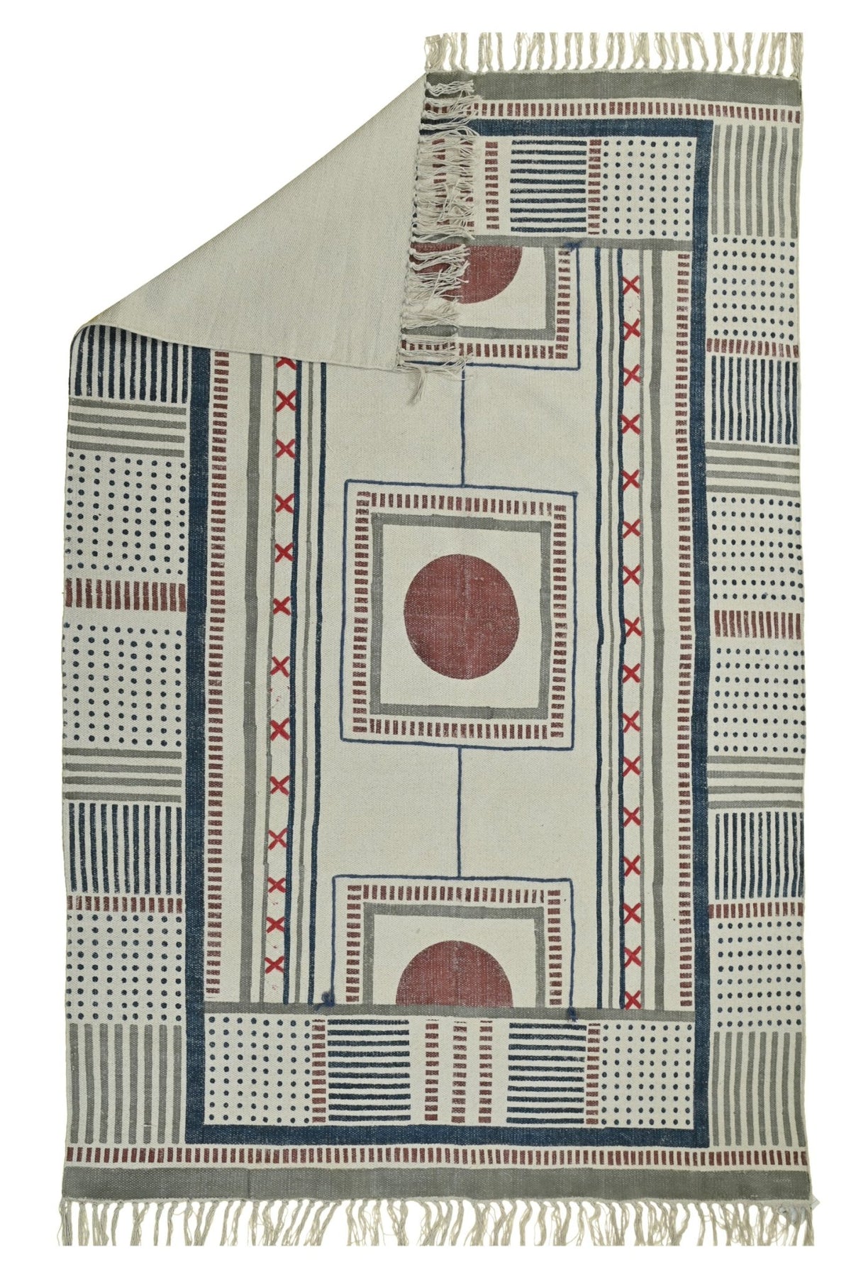 Narciss Block-Printed Cotton Dhurrie Rug — overhead view — Art Avenue
