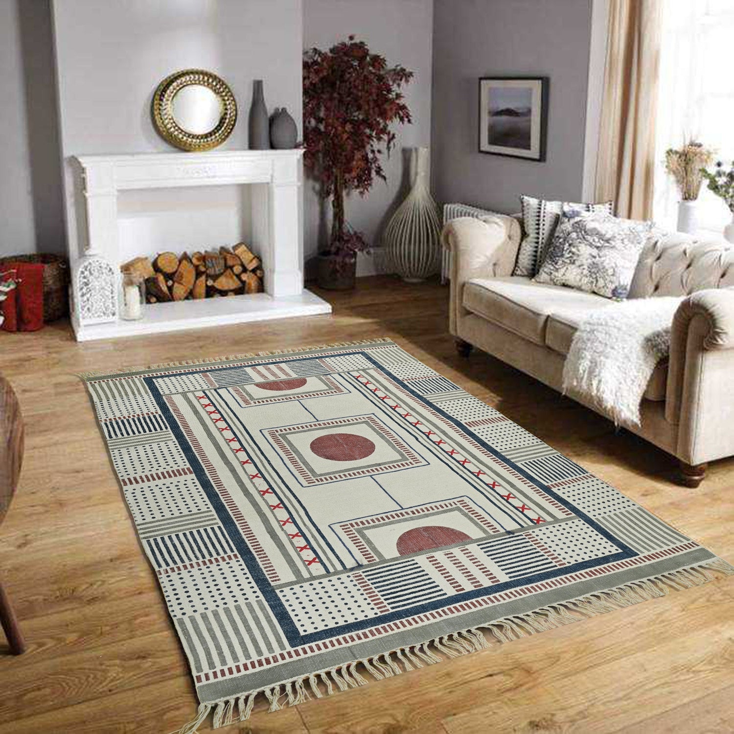 Detail of traditional block-print on cotton dhurrie rug — Art Avenue