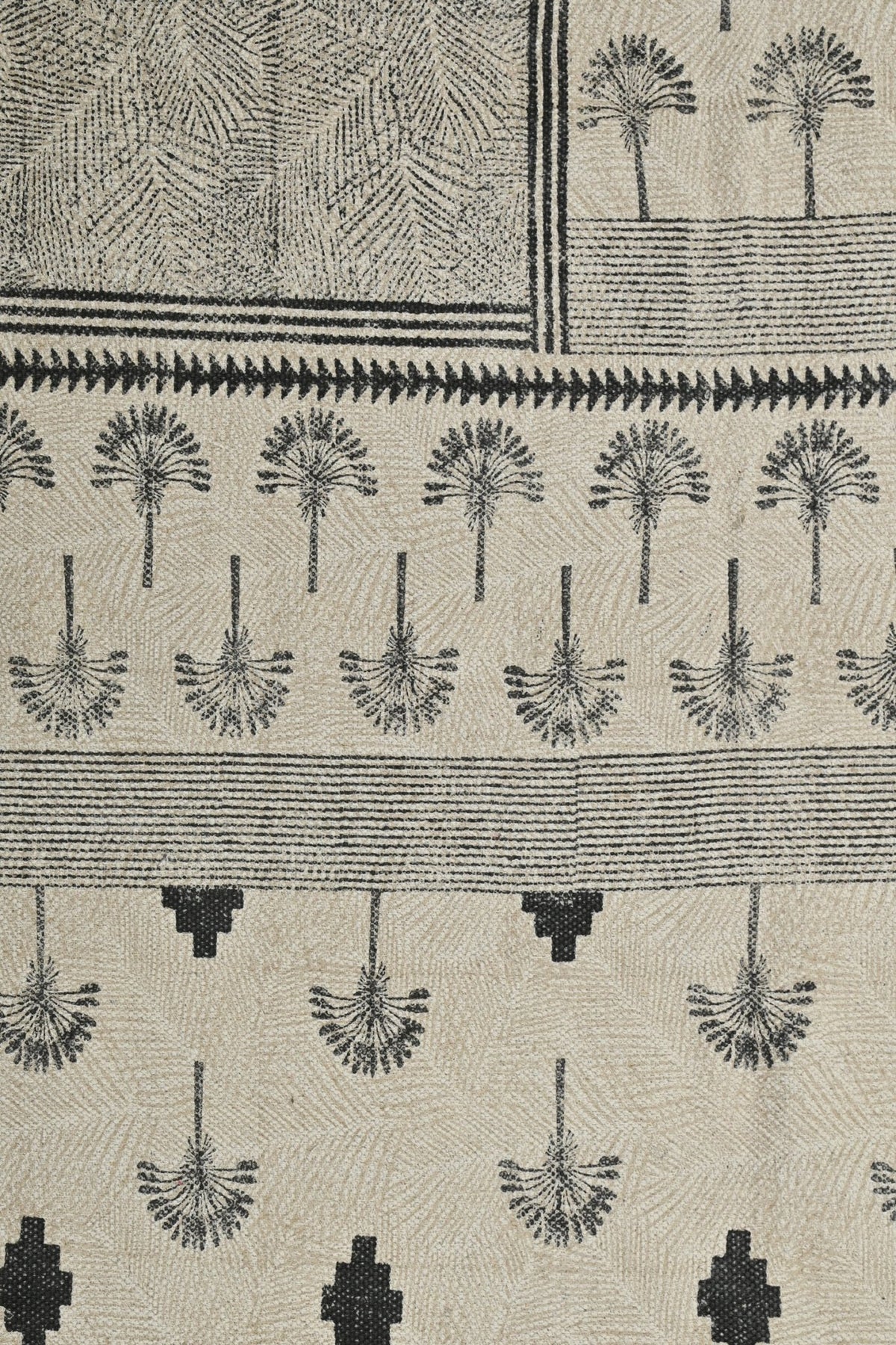 Palms Block-Printed Cotton Dhurrie Rug — overhead view — Art Avenue