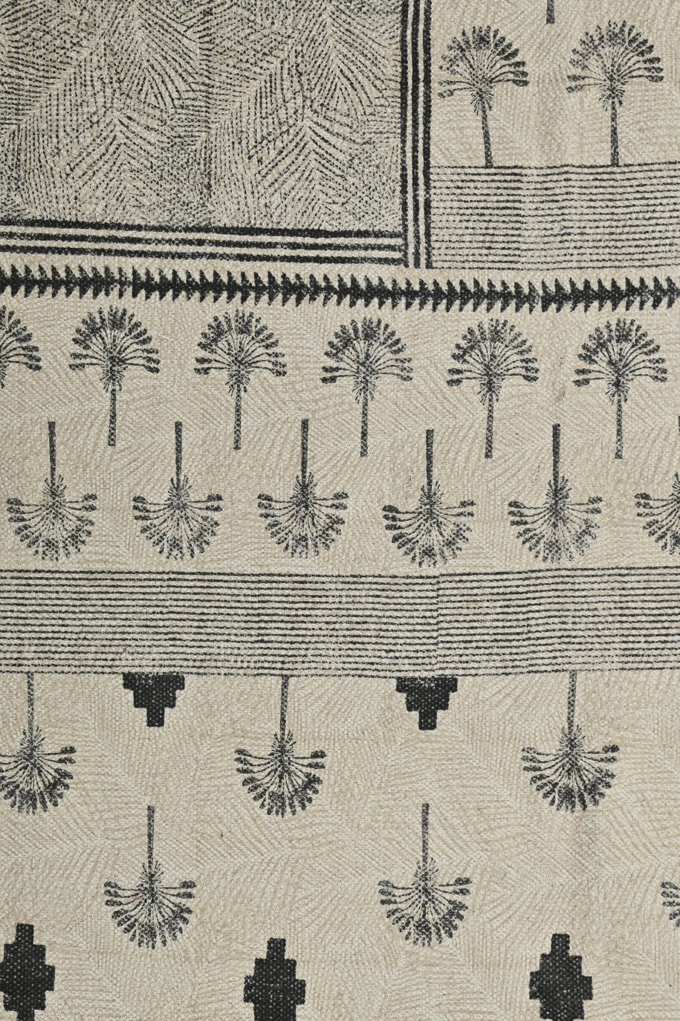 Palms Block-Printed Cotton Dhurrie Rug — overhead view — Art Avenue
