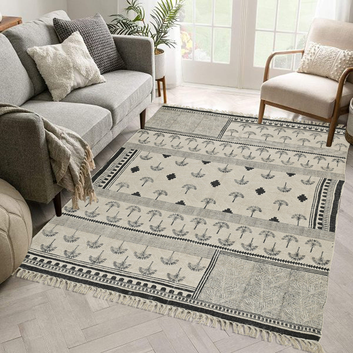 Palms Block-Printed Cotton Dhurrie Rug in Black — Art Avenue