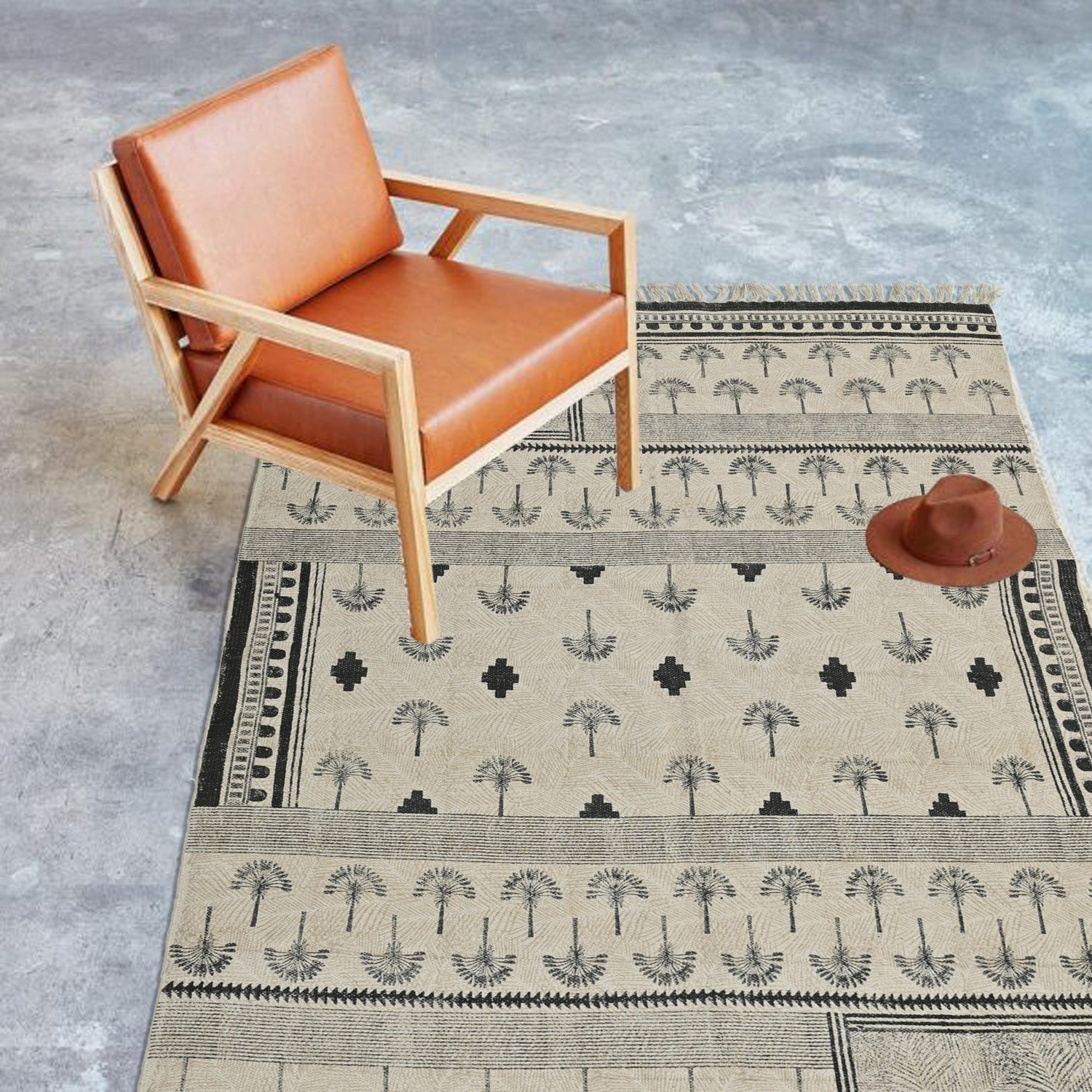 Detail of block-print on black dhurrie rug — Art Avenue