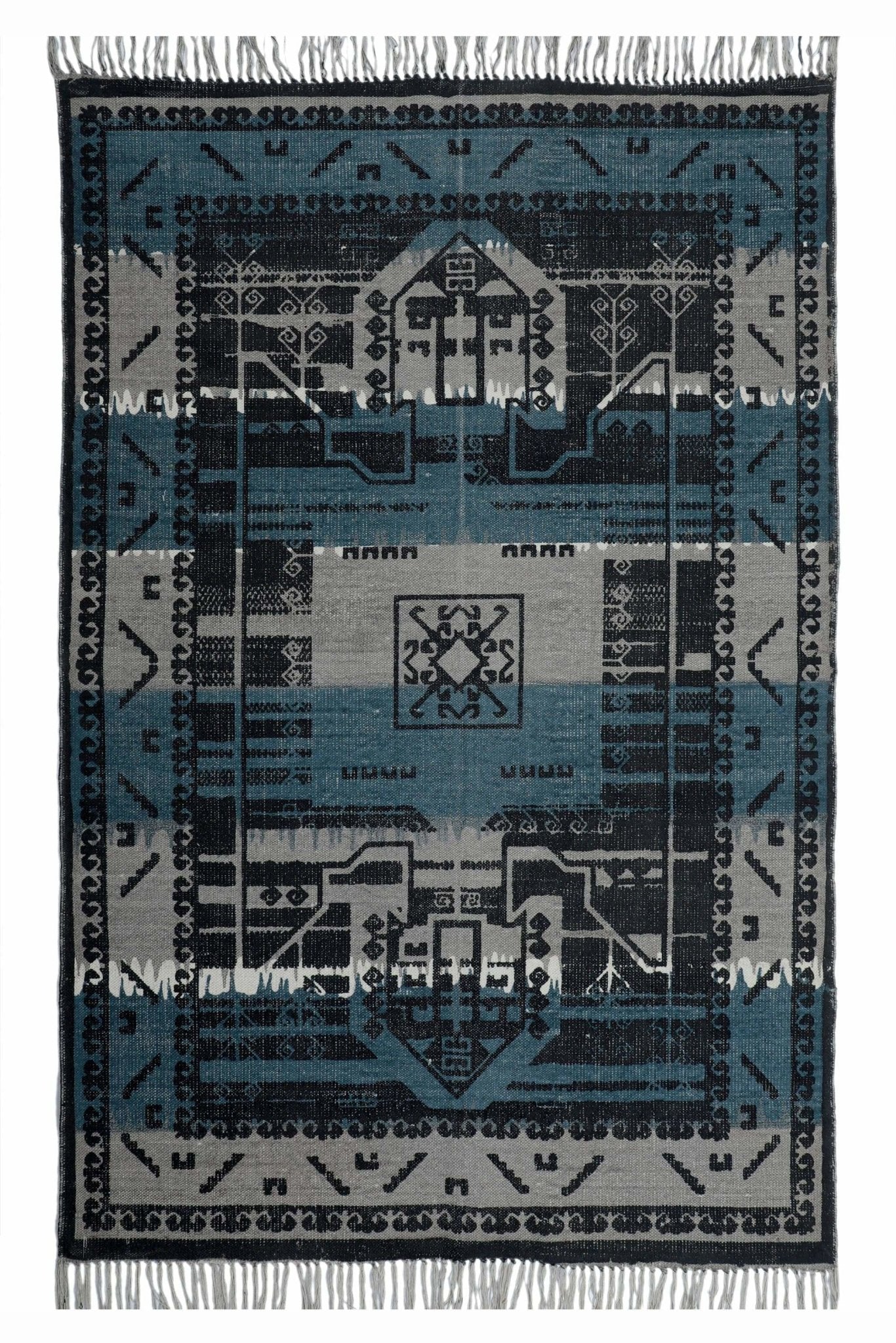 Phulera block-printed rug room setting — Art Avenue India