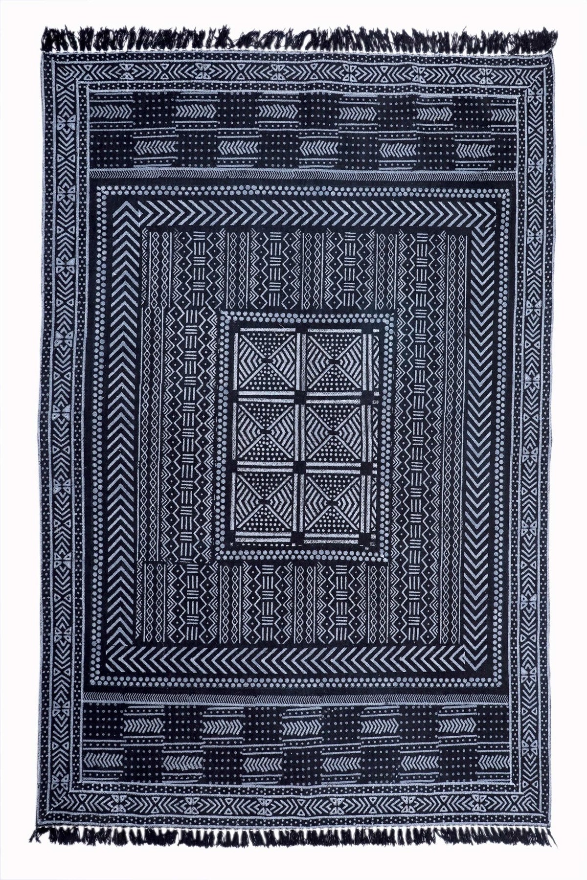 Block-Printed Cotton Dhurrie Rug in Black — Art Avenue