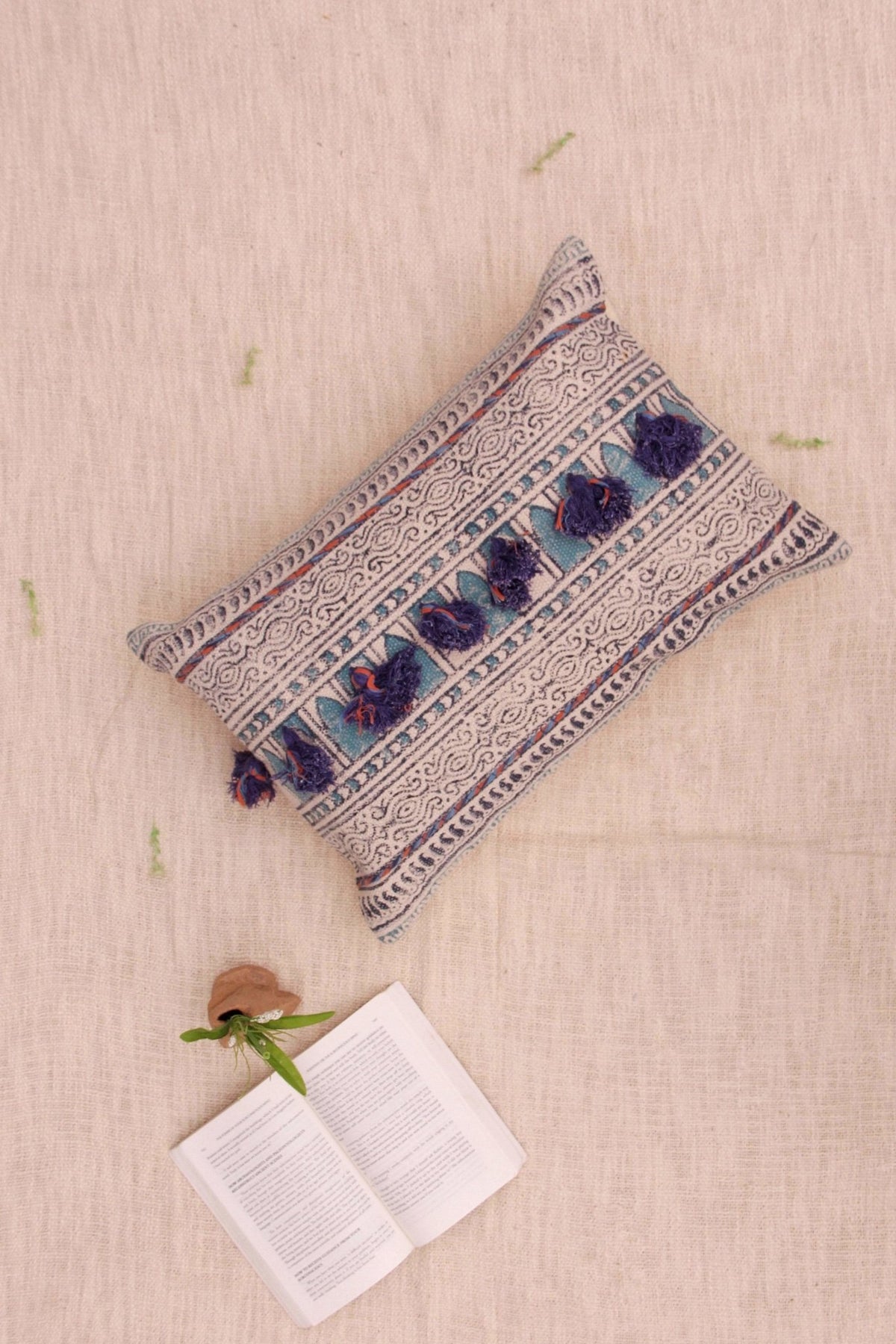 Raven Block-Printed Embroidered Lumbar Cushion Cover — Purple — Art Avenue