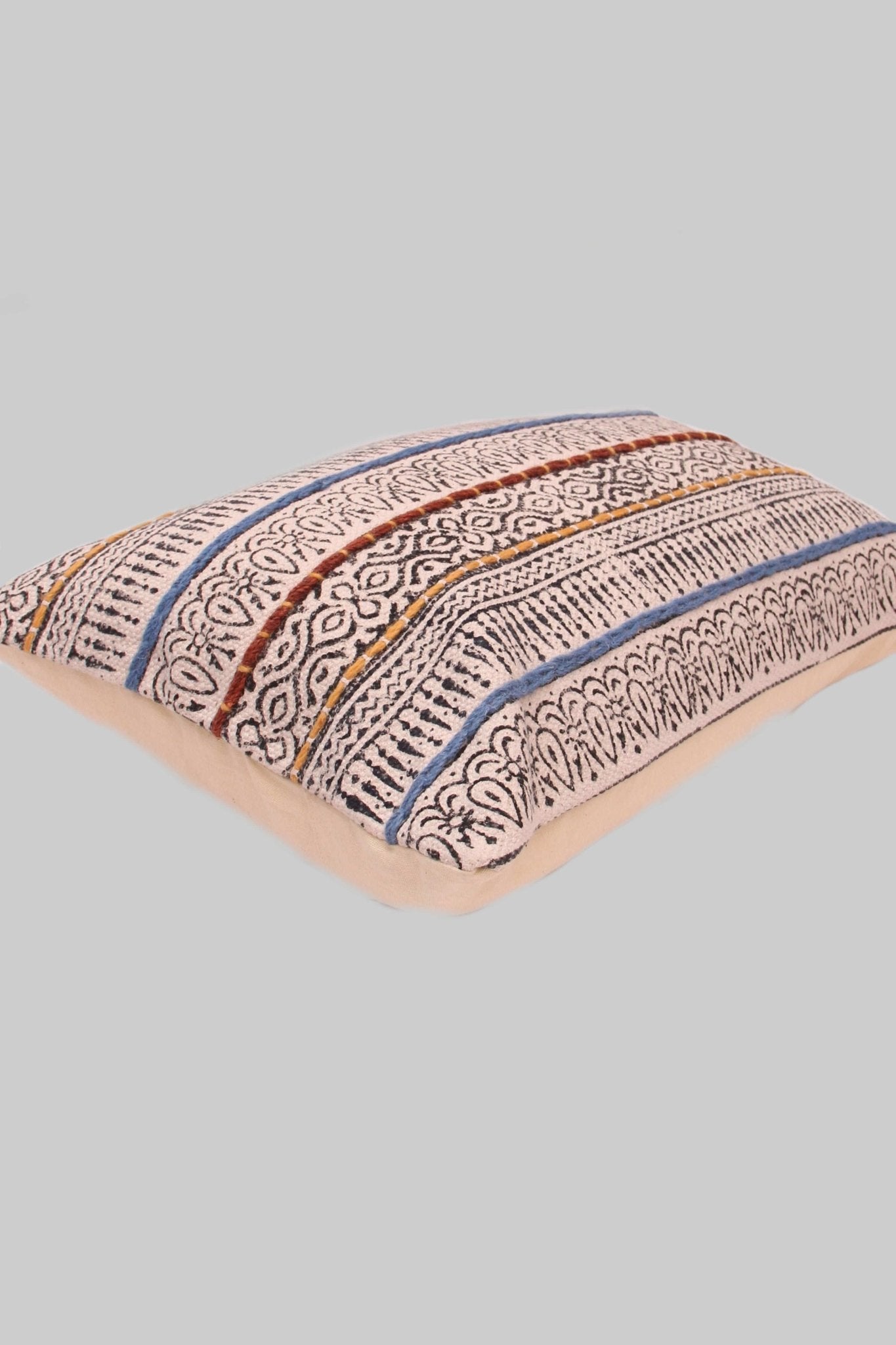 Detail of block-print embroidery on black lumbar cushion cover — Art Avenue