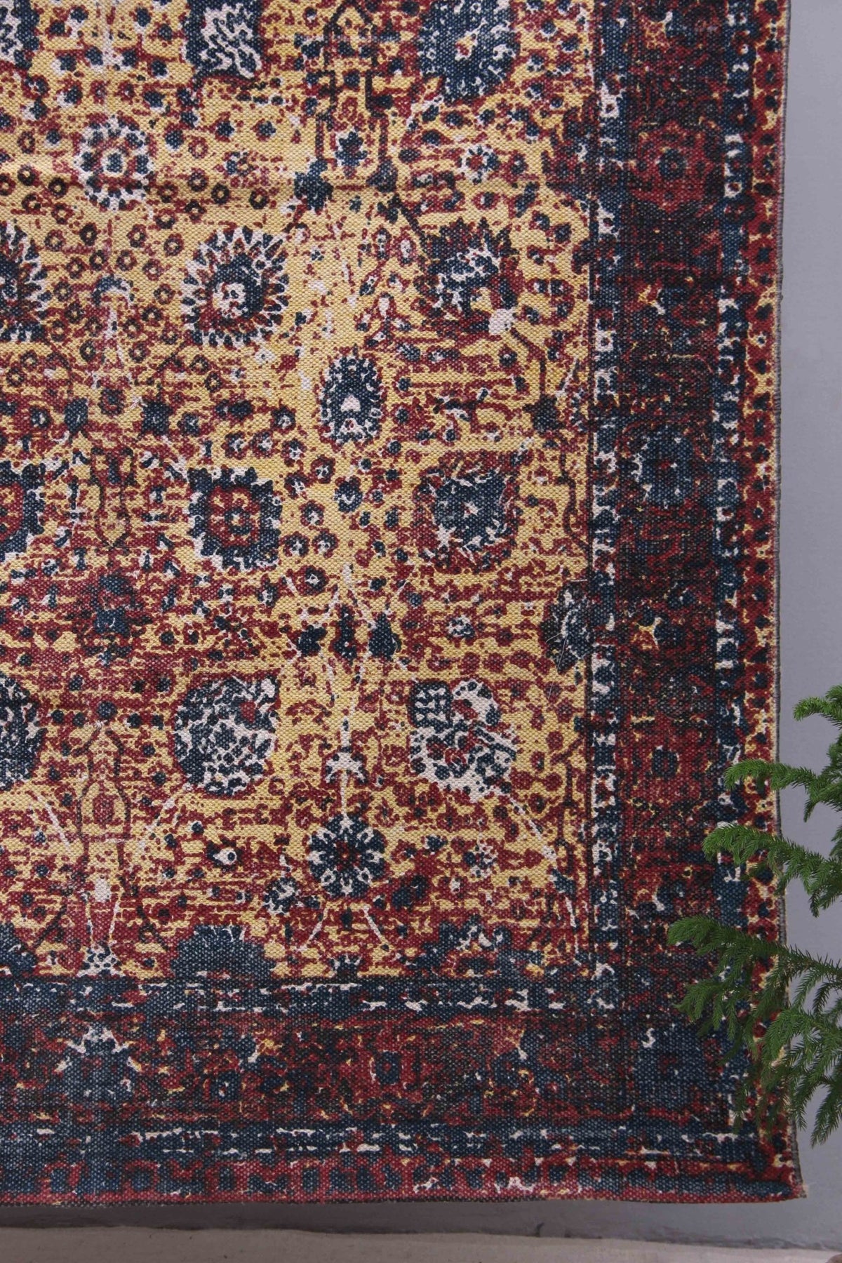 Sacrifice block-printed rug room setting — Art Avenue India
