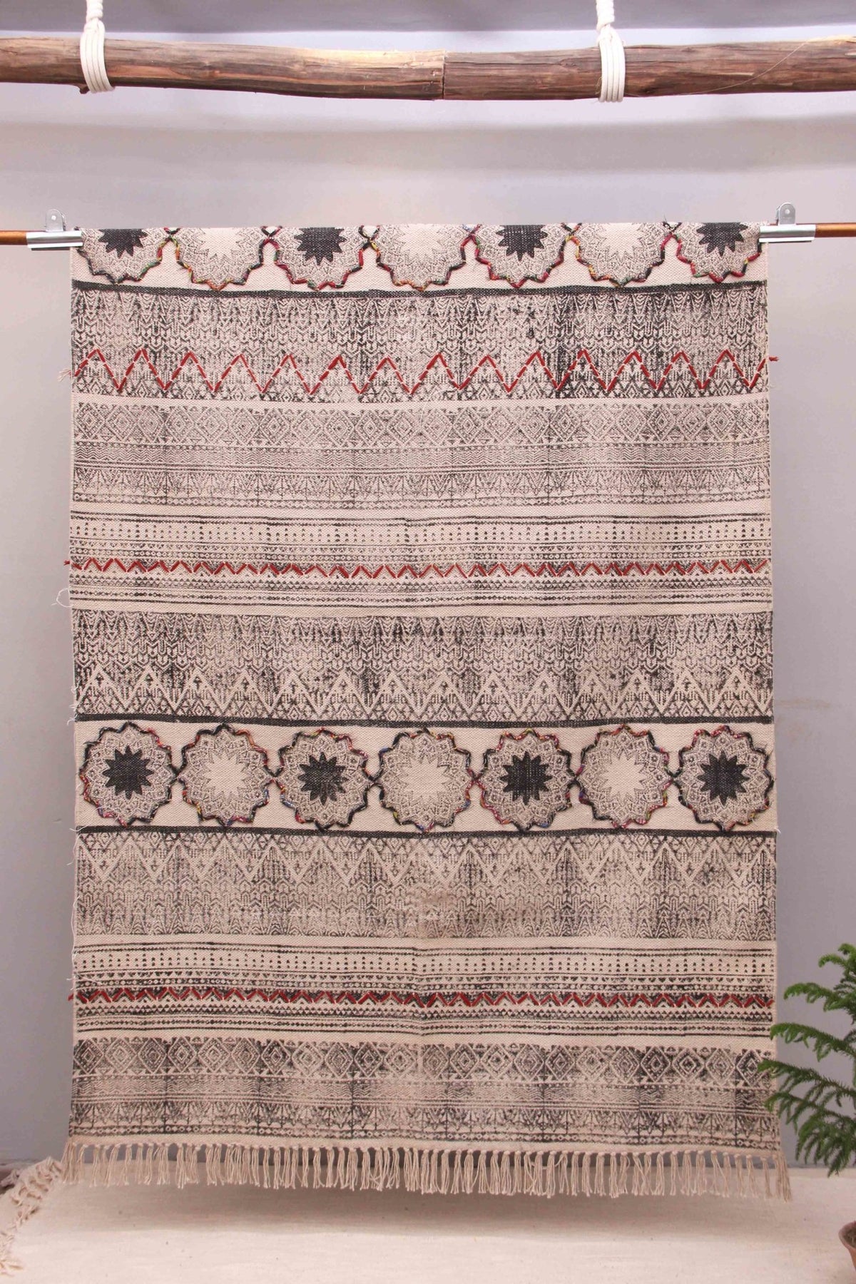 Safety Block-Printed Cotton Dhurrie Rug in Black — Art Avenue