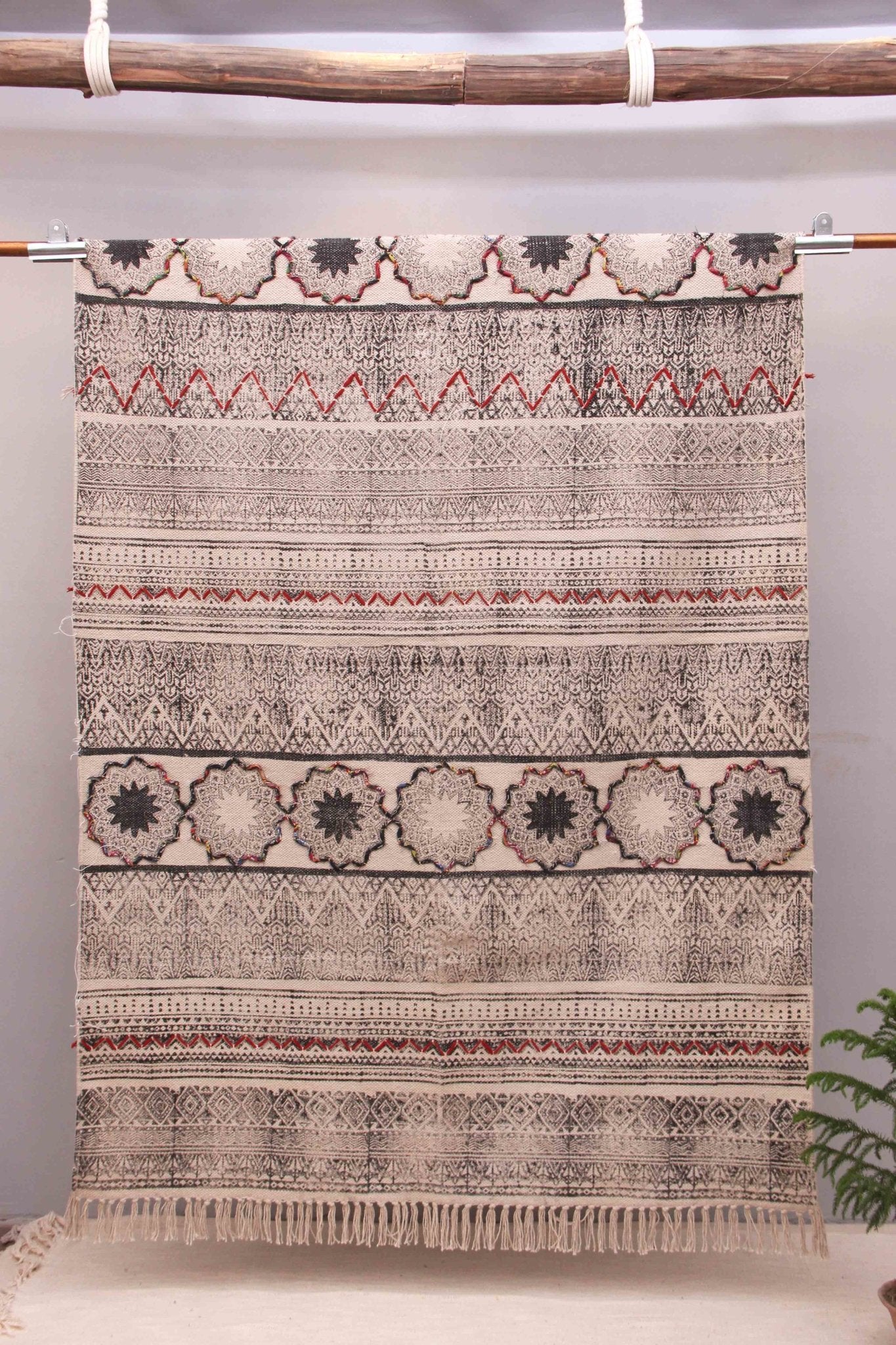 Safety Block-Printed Cotton Dhurrie Rug in Black — Art Avenue