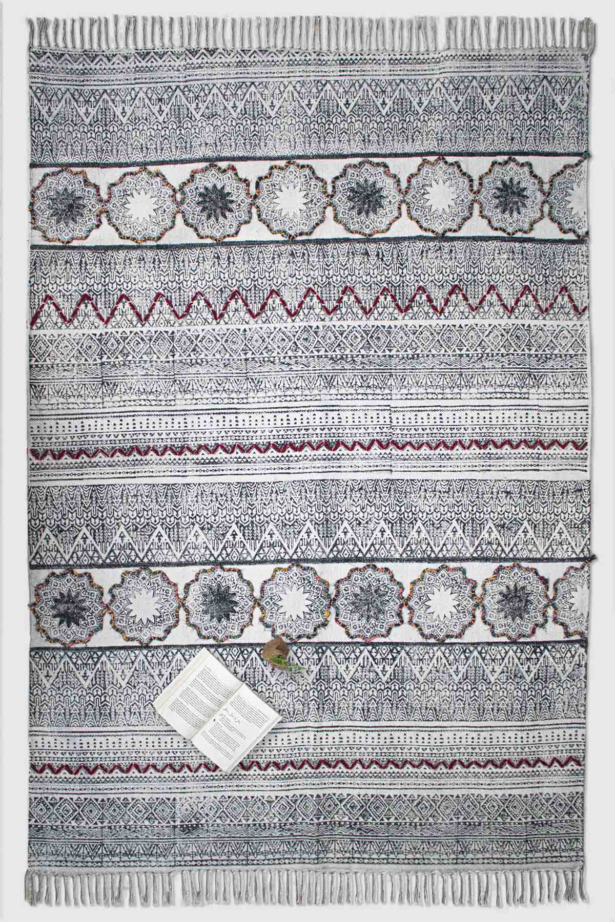 Detail of block-print on black and white dhurrie rug — Art Avenue