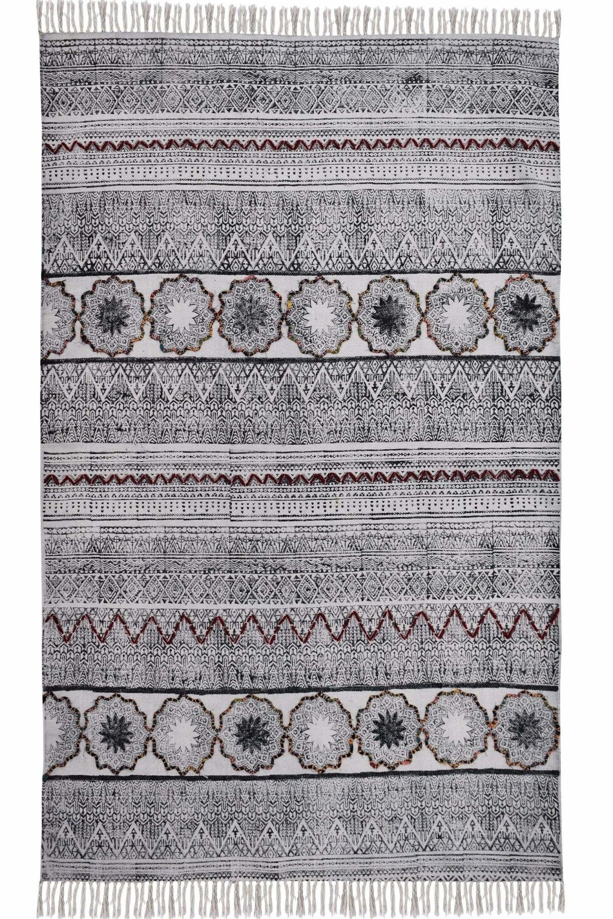 Block-Printed Cotton Dhurrie Rug in Black & White Traditional — Art Avenue