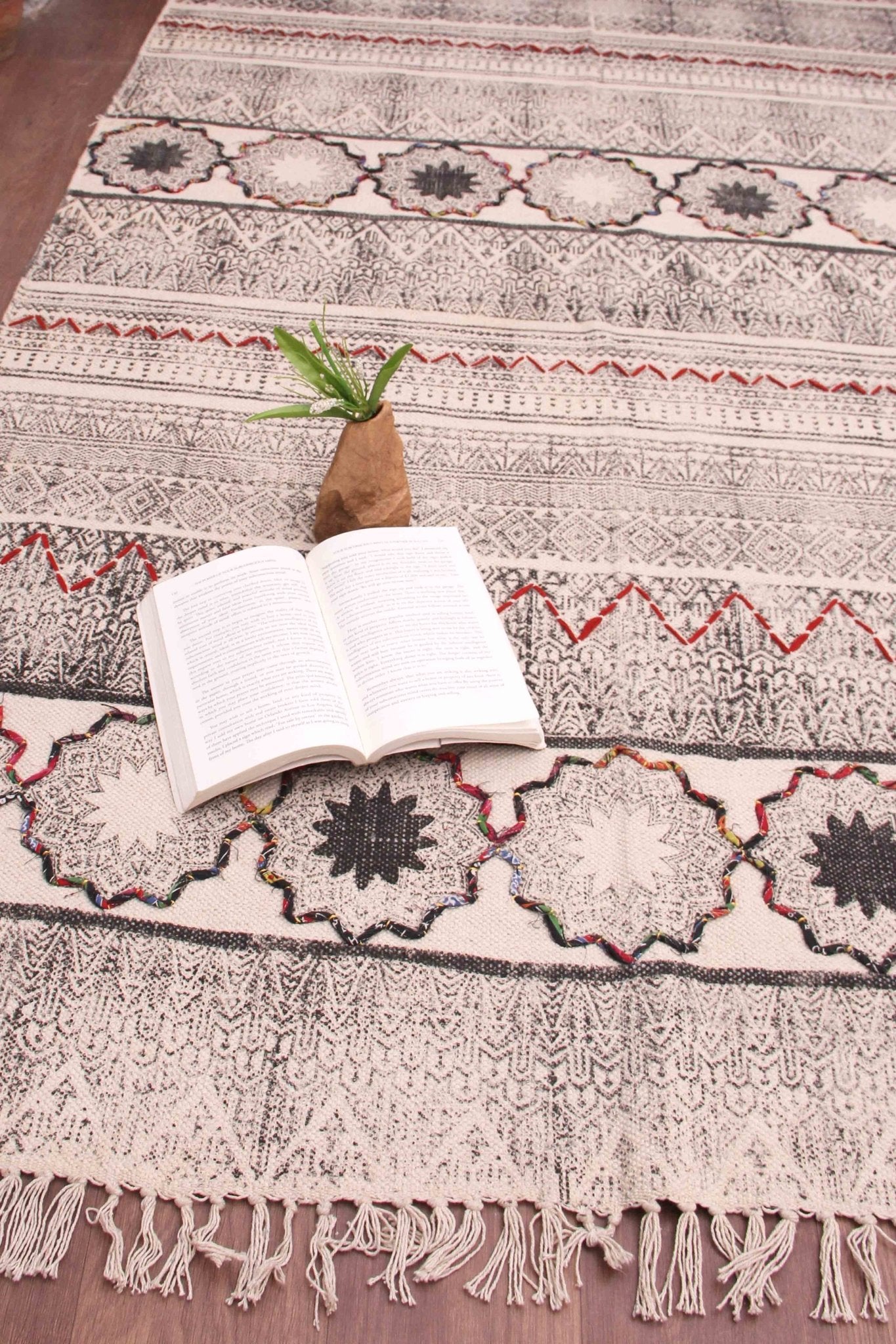 Safety Block-Printed Cotton Dhurrie Rug — overhead view — Art Avenue