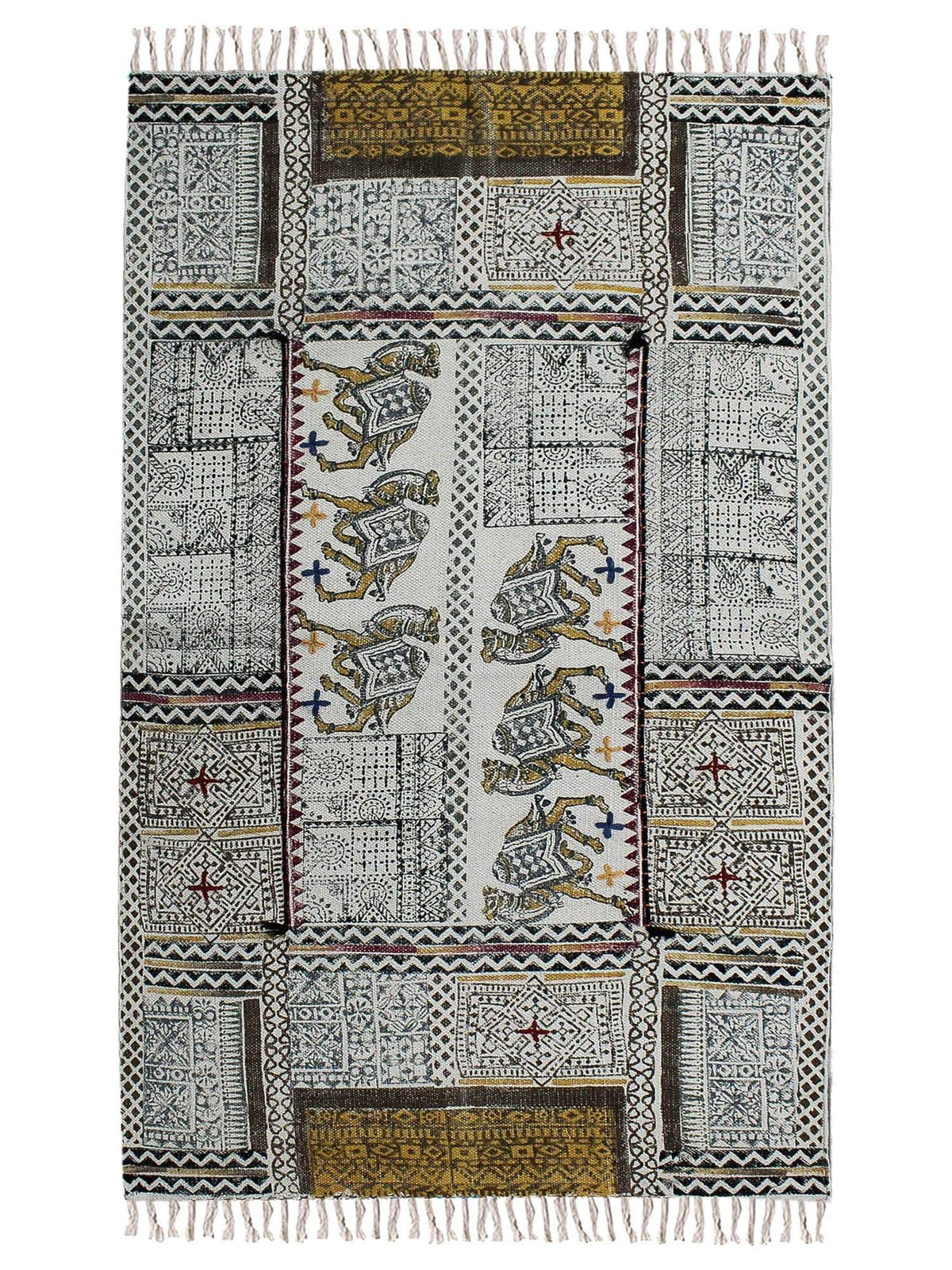 Detail of block-print on black dhurrie rug — Art Avenue