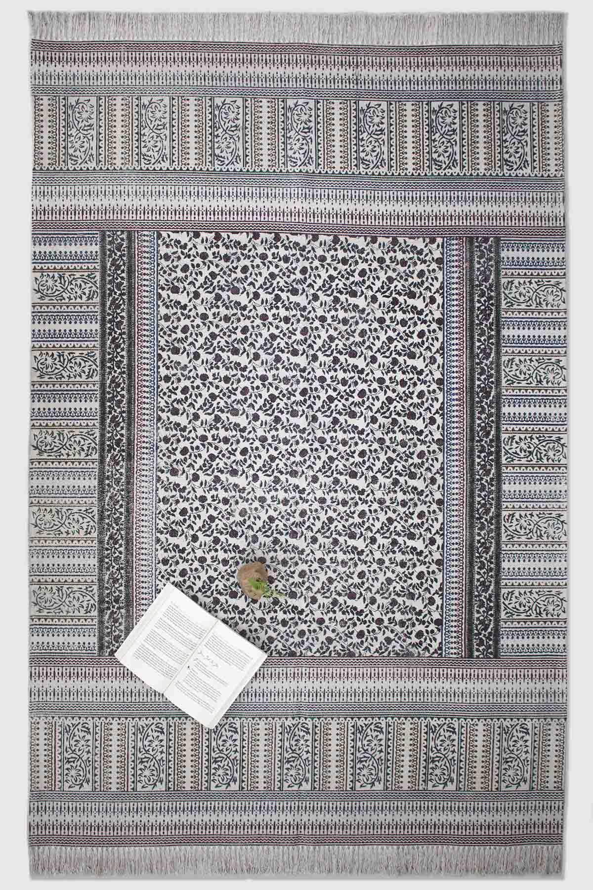 Block-Printed Cotton Dhurrie Rug in Brown & Green Floral — Art Avenue