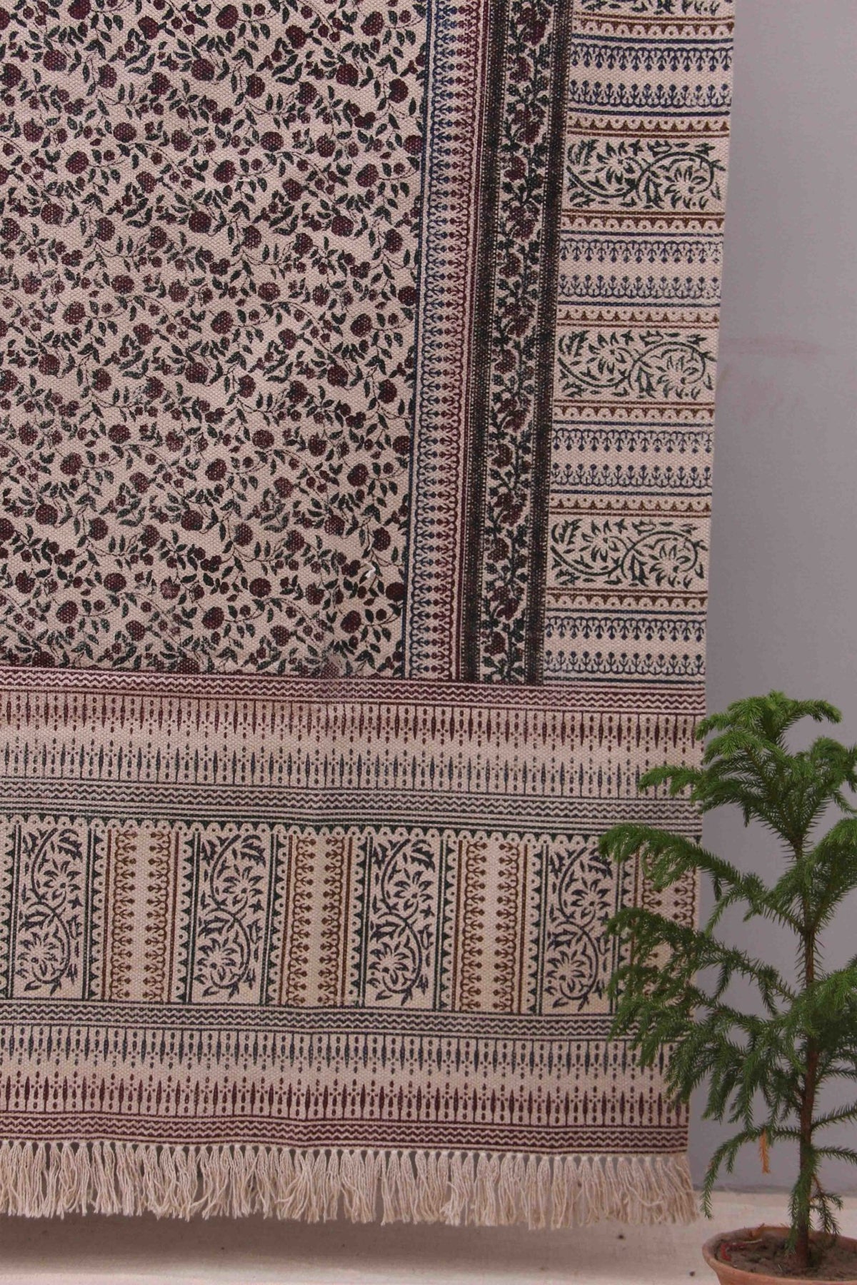 Sandalwood Block-Printed Cotton Dhurrie Rug in Brown & Green — Art Avenue