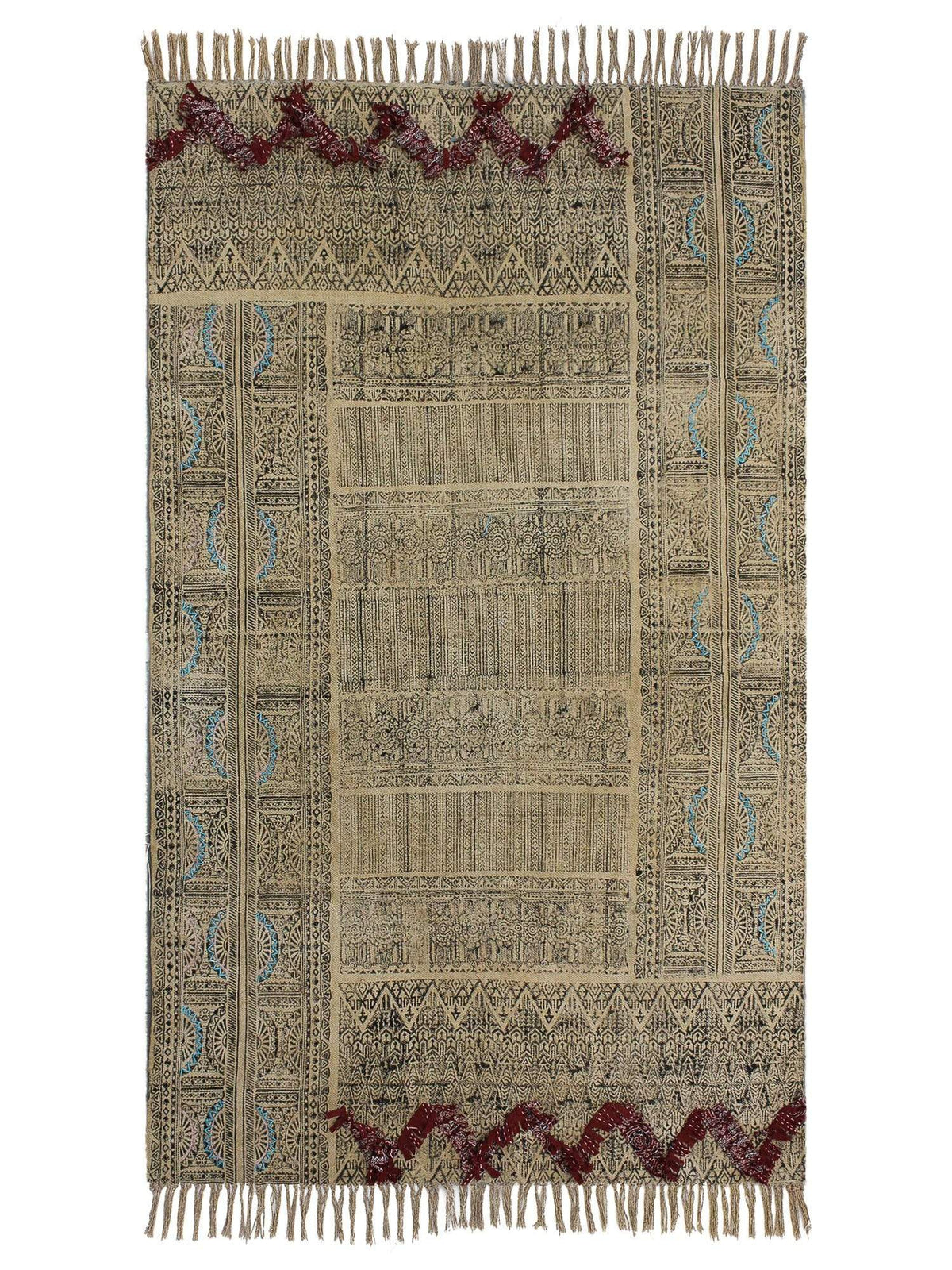 Saucer Block-Printed Cotton Dhurrie Rug in Brown — Art Avenue