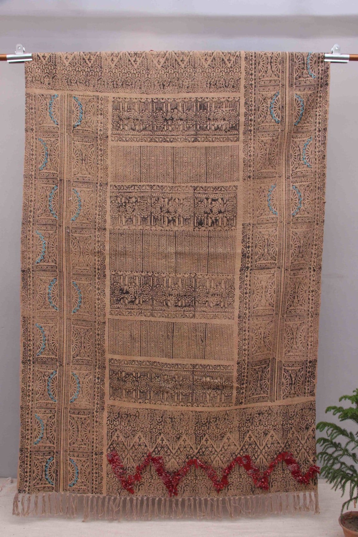 Block-Printed Cotton Dhurrie Rug in Brown Traditional — Art Avenue