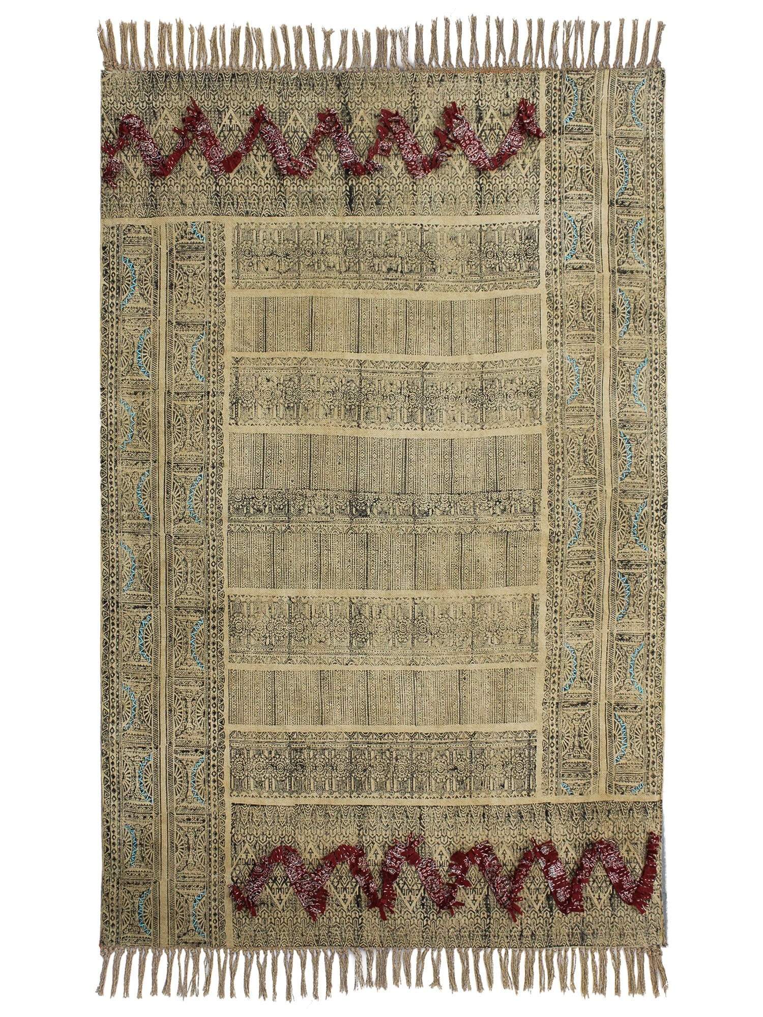 Detail of block-print on brown dhurrie rug — Art Avenue