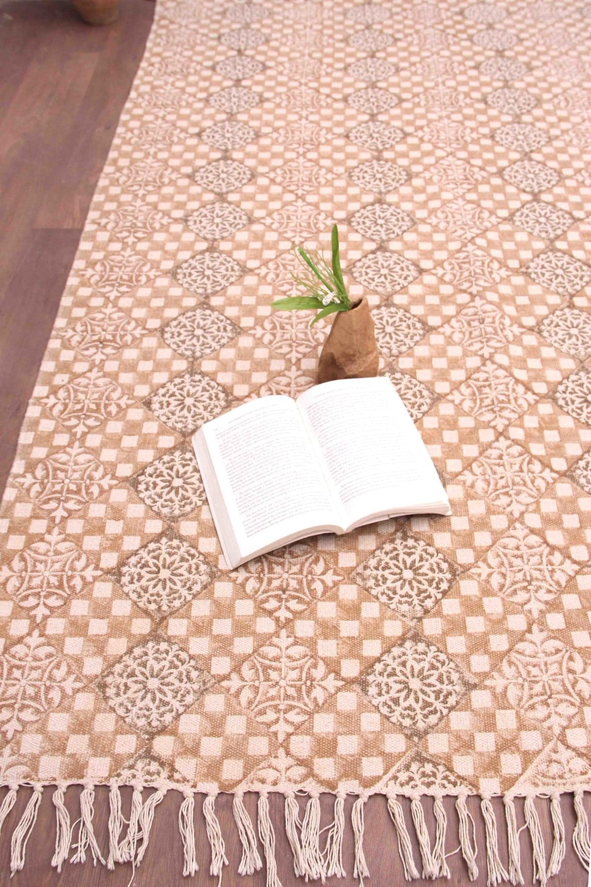 Detail of block-print on beige dhurrie rug — Art Avenue