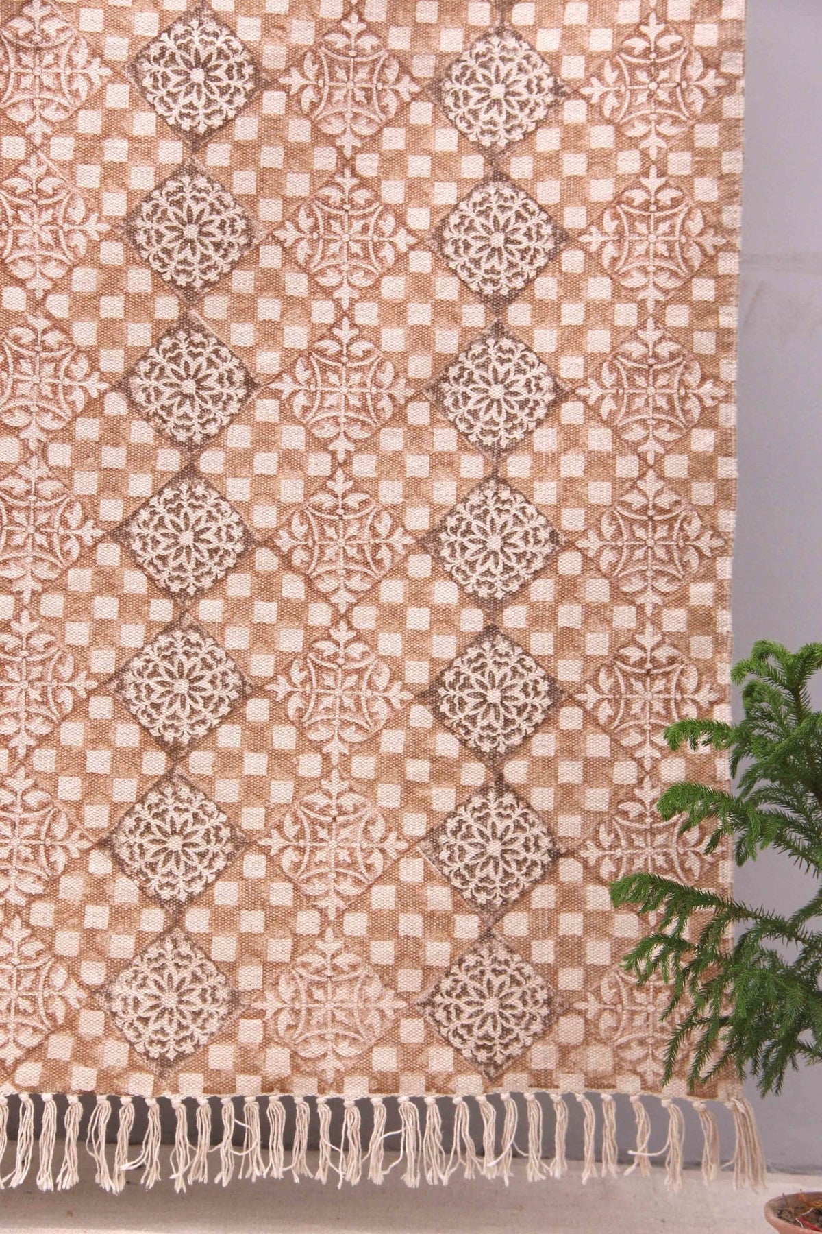 Block-printed cotton dhurrie rug in room setting — Art Avenue