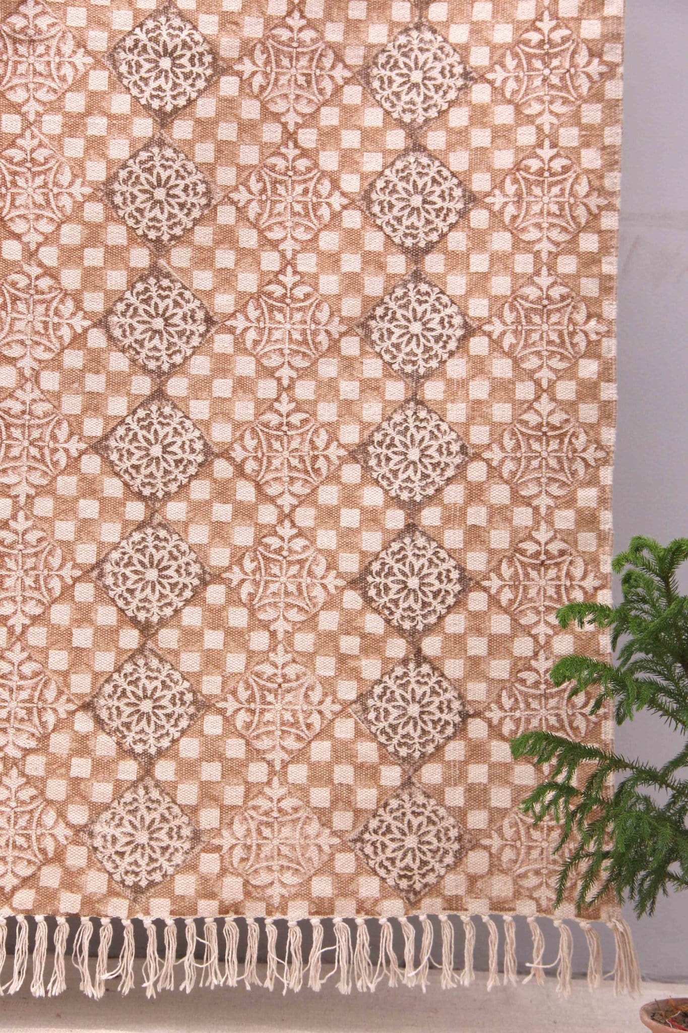 Block-printed cotton dhurrie rug in room setting — Art Avenue