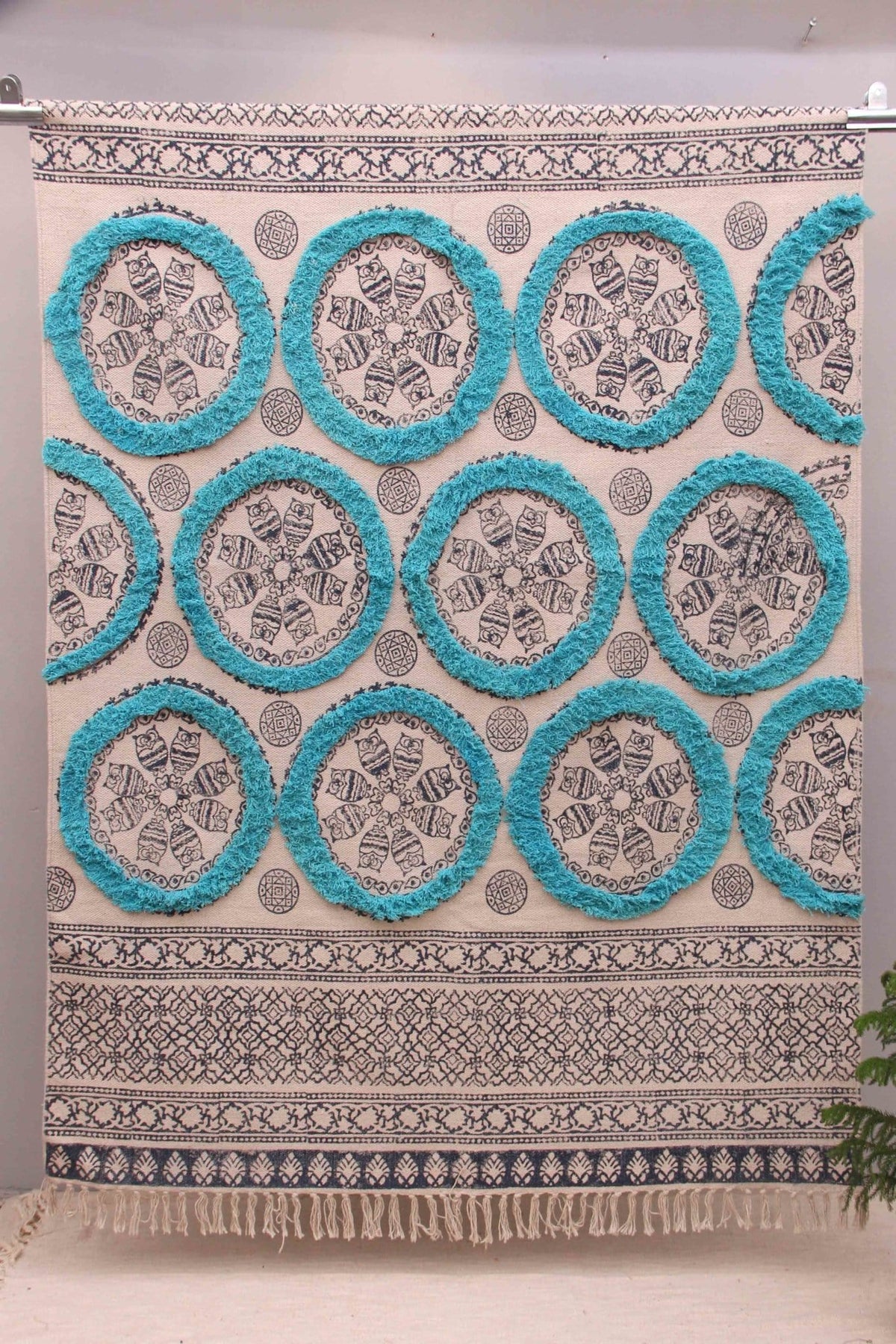Block-Printed Cotton Dhurrie Rug in Blue Floral — Art Avenue
