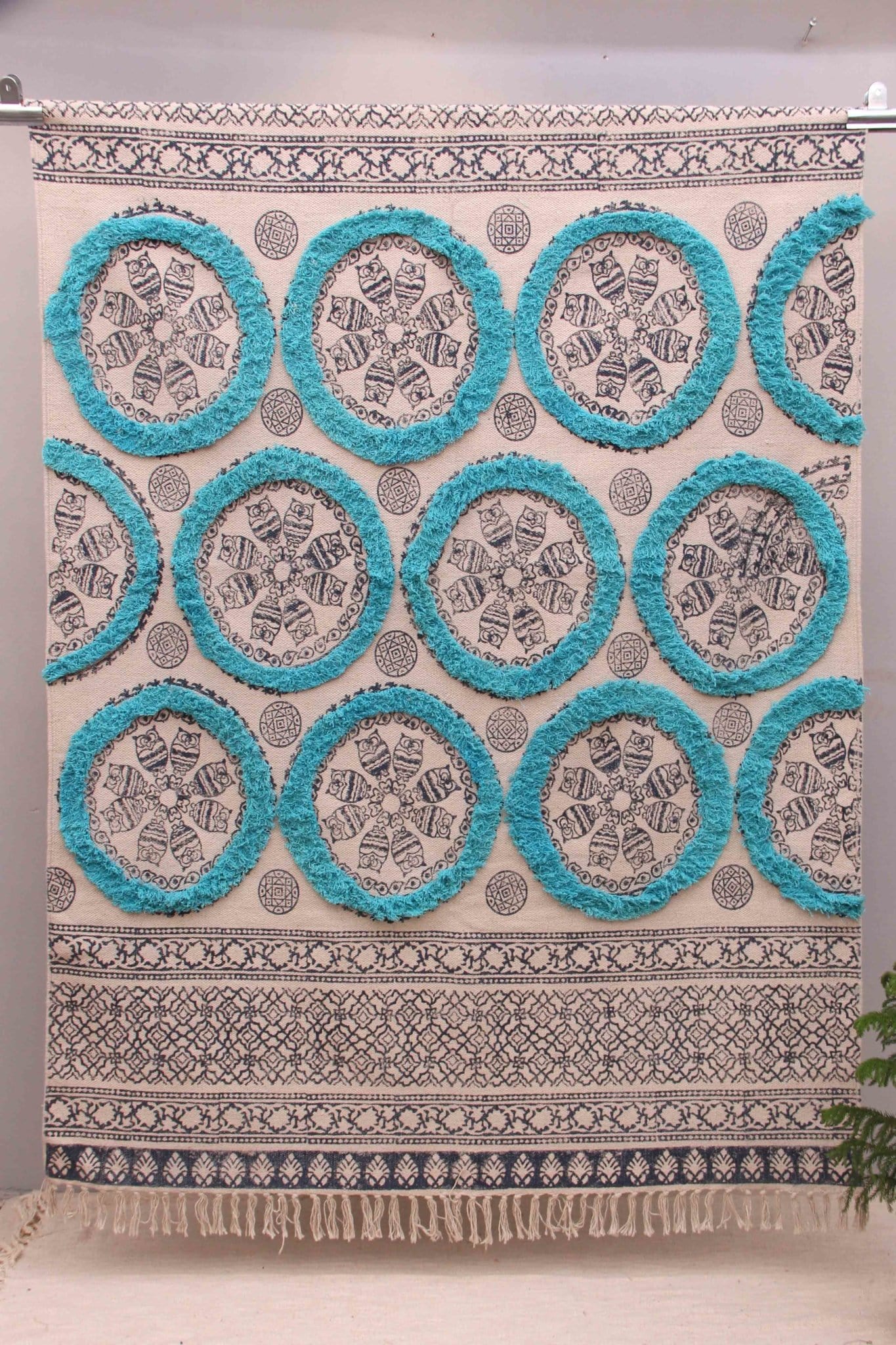 Block-Printed Cotton Dhurrie Rug in Blue Floral — Art Avenue
