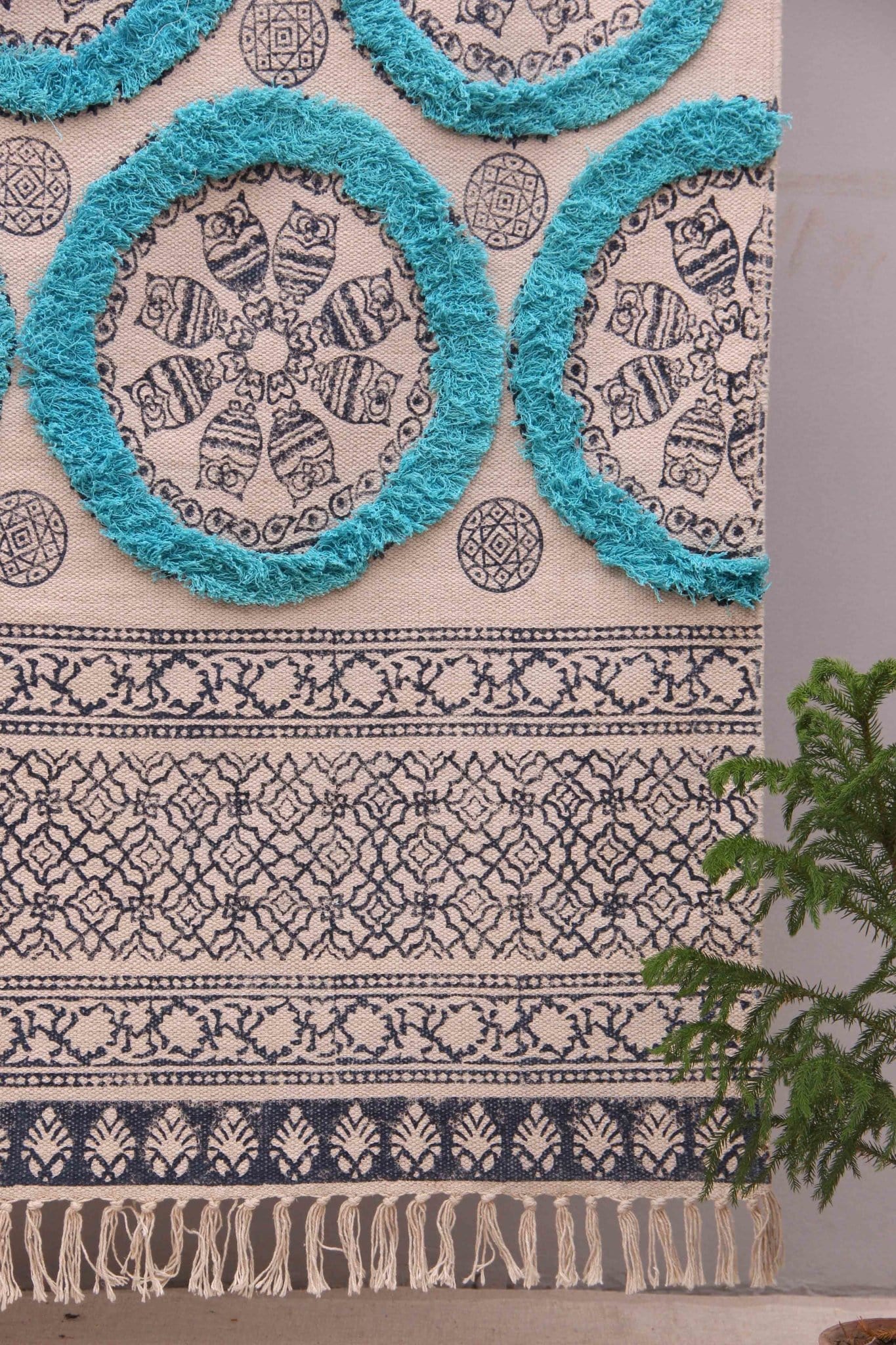 Detail of block-print on blue dhurrie rug — Art Avenue