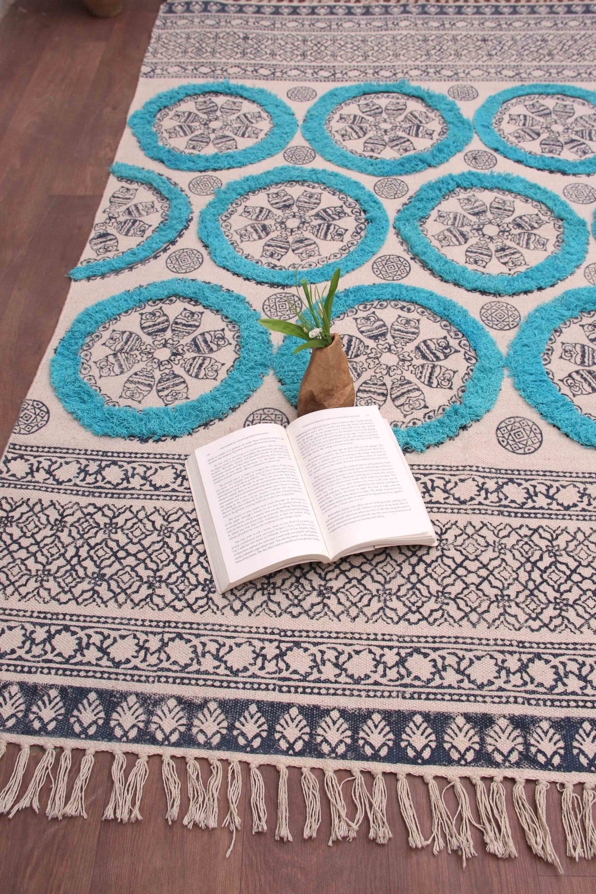 Block-printed cotton dhurrie rug in room setting — Art Avenue