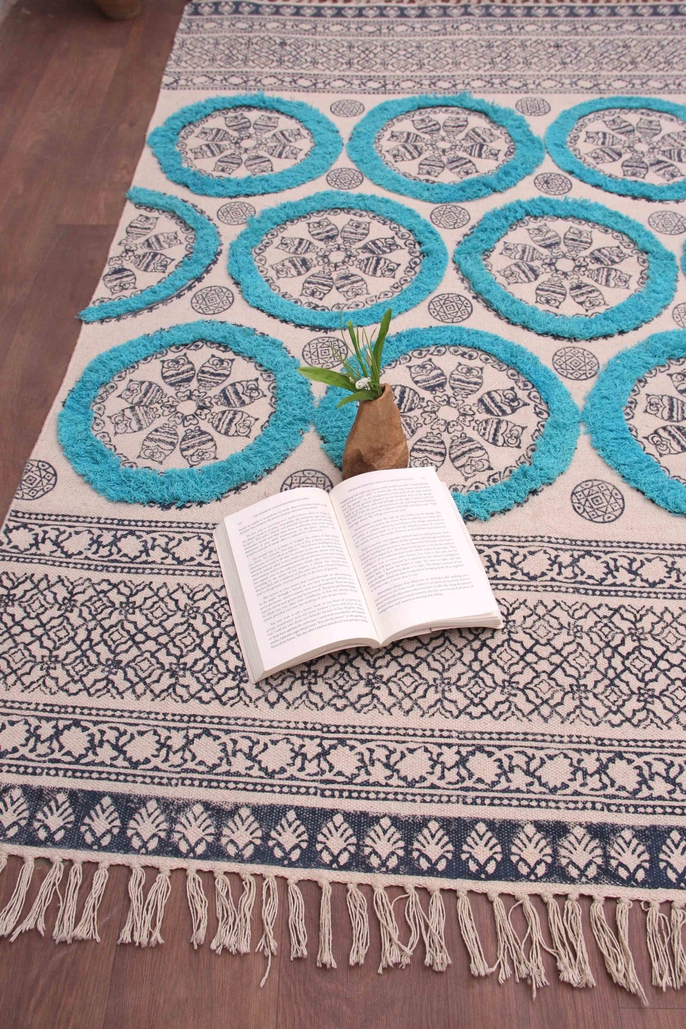Block-printed cotton dhurrie rug in room setting — Art Avenue