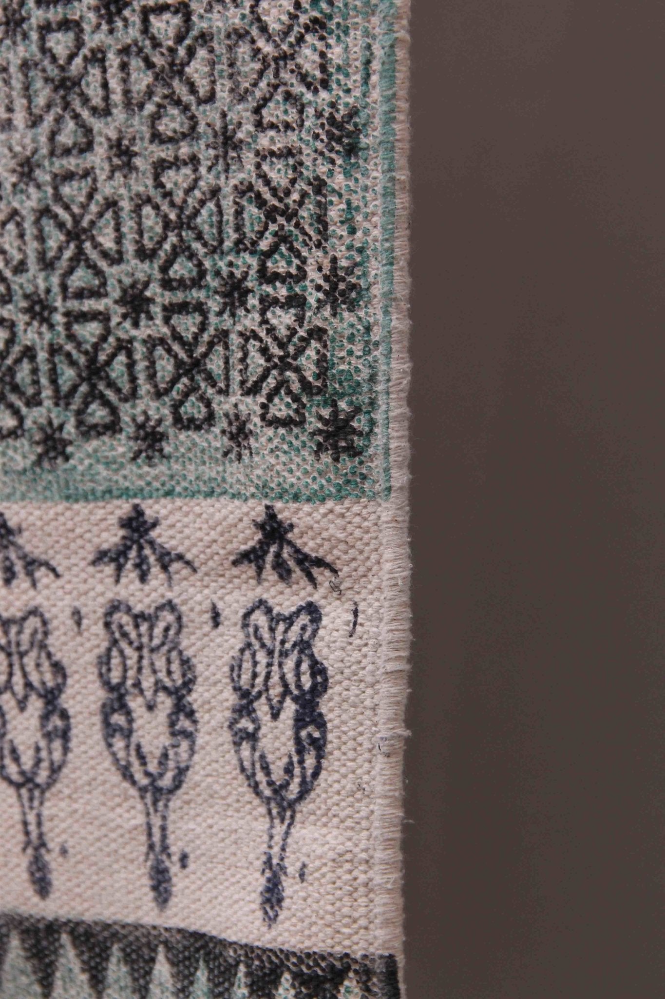 Section Block-Printed Cotton Dhurrie Rug in Green — Art Avenue