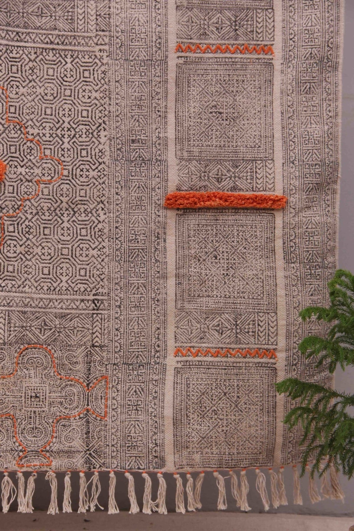 Block-printed cotton dhurrie rug in room setting — Art Avenue