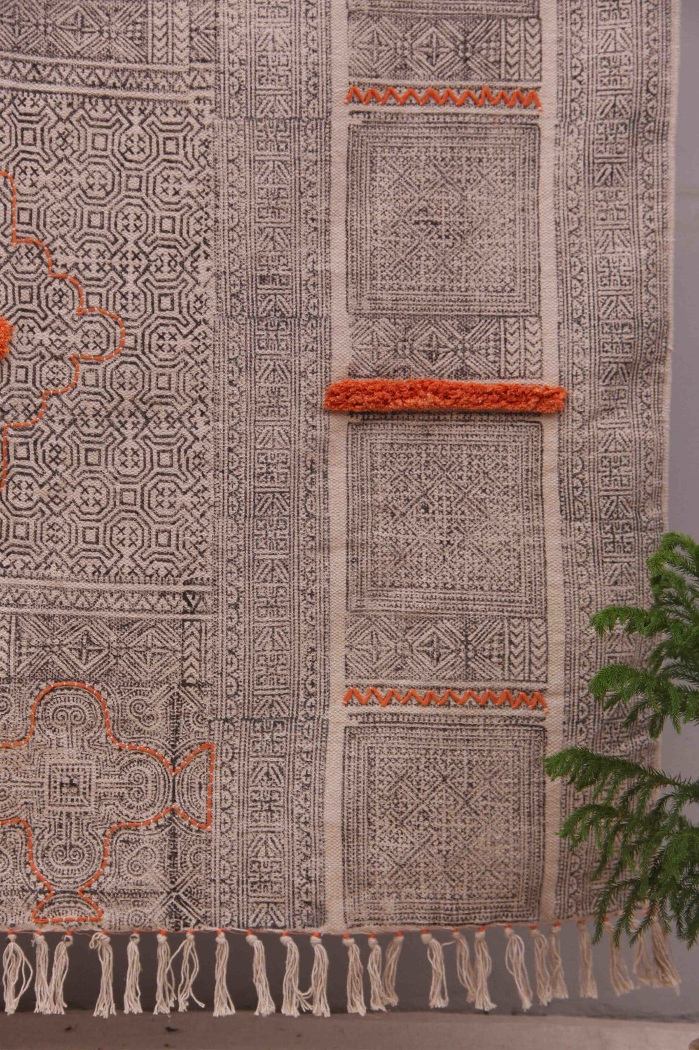 Block-printed cotton dhurrie rug in room setting — Art Avenue