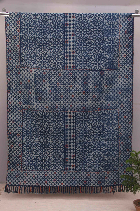 Block-Printed Cotton Dhurrie Rug in Indigo Modern — Art Avenue
