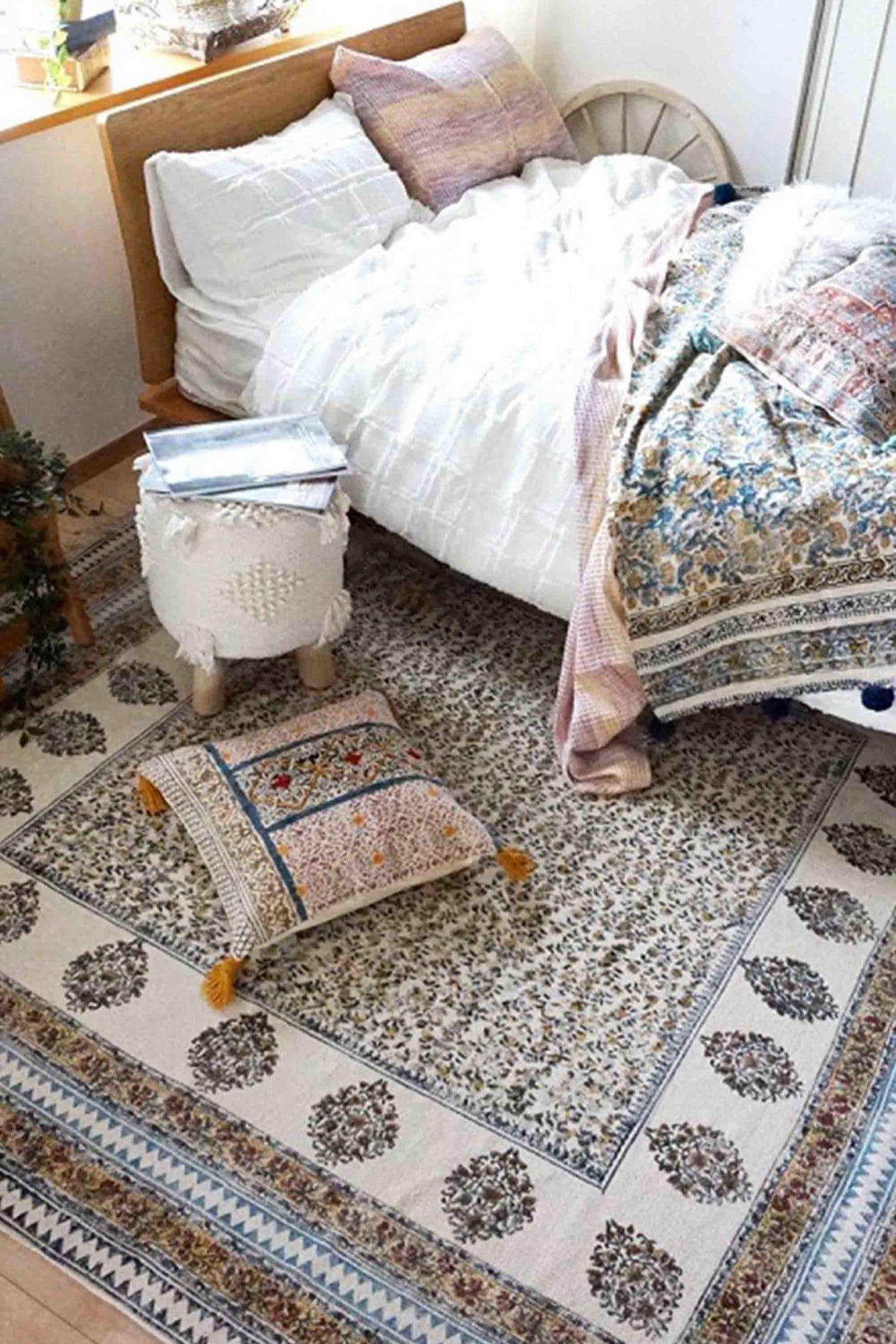 Detail of block-print on off white dhurrie rug — Art Avenue