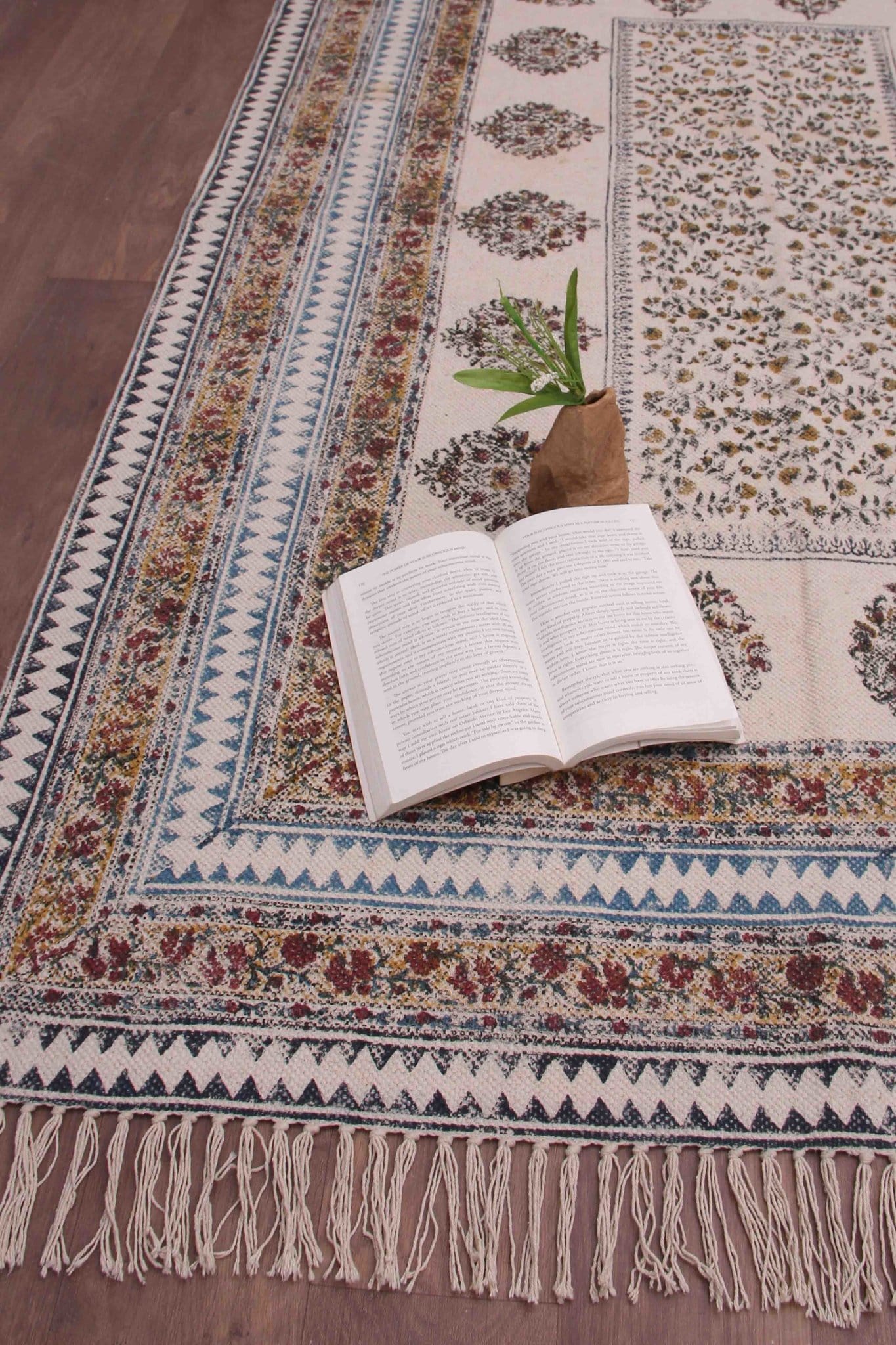 Block-printed cotton dhurrie rug in room setting — Art Avenue