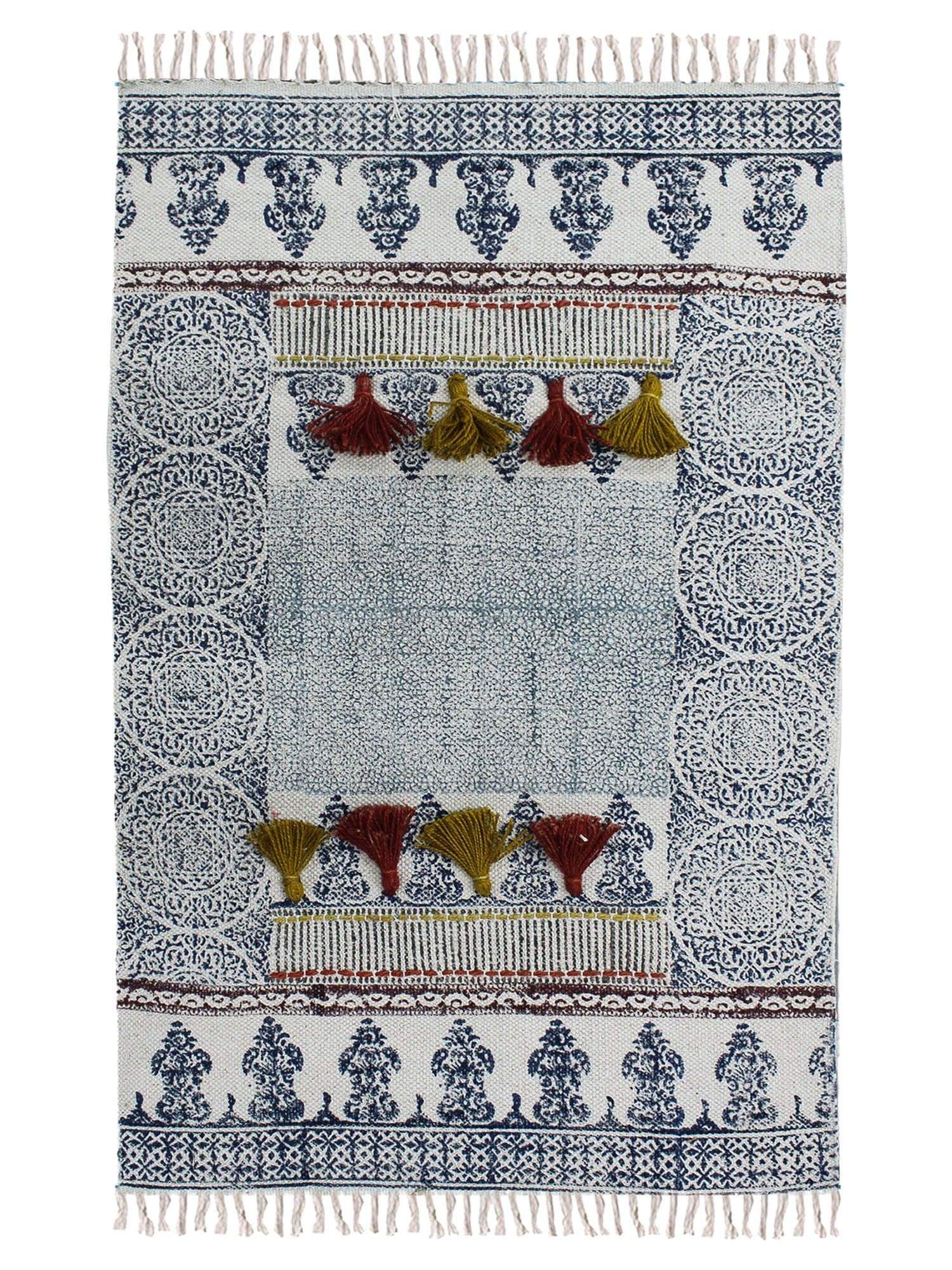 Seek Block-Printed Cotton Dhurrie Rug — overhead view — Art Avenue