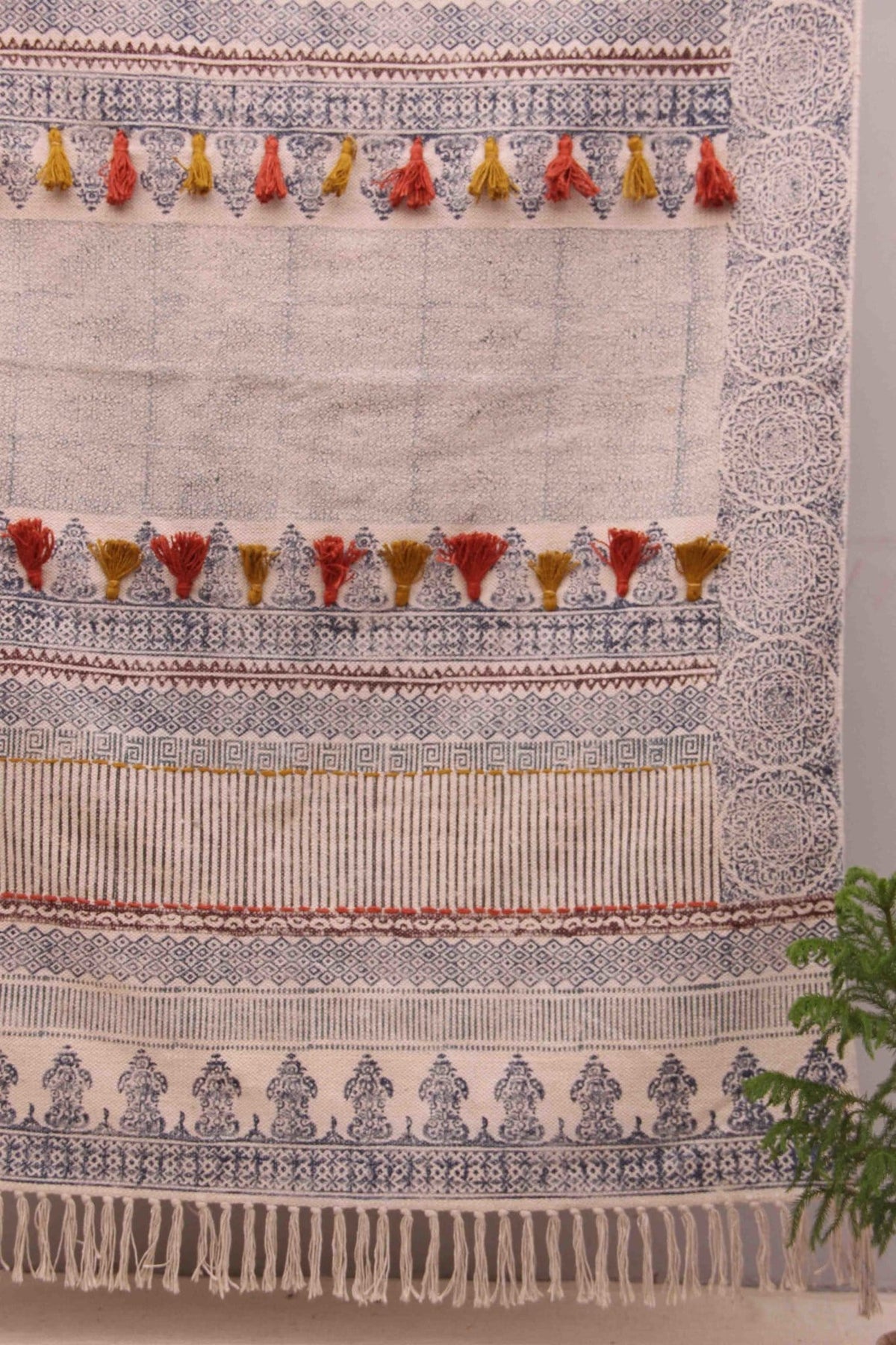 Block-printed cotton dhurrie rug in room setting — Art Avenue