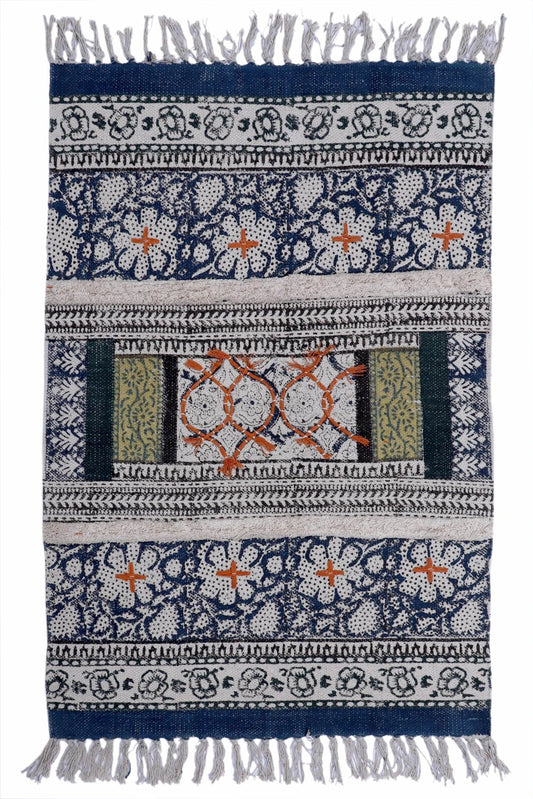 Block-Printed Cotton Dhurrie Rug in Blue Floral — Art Avenue