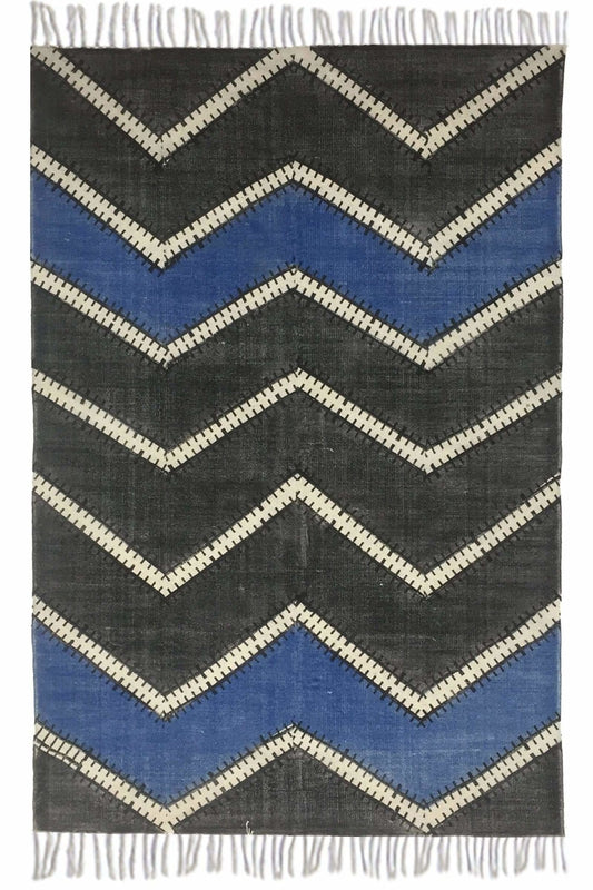 Block-Printed Cotton Dhurrie Rug in Black & Blue Modern — Art Avenue