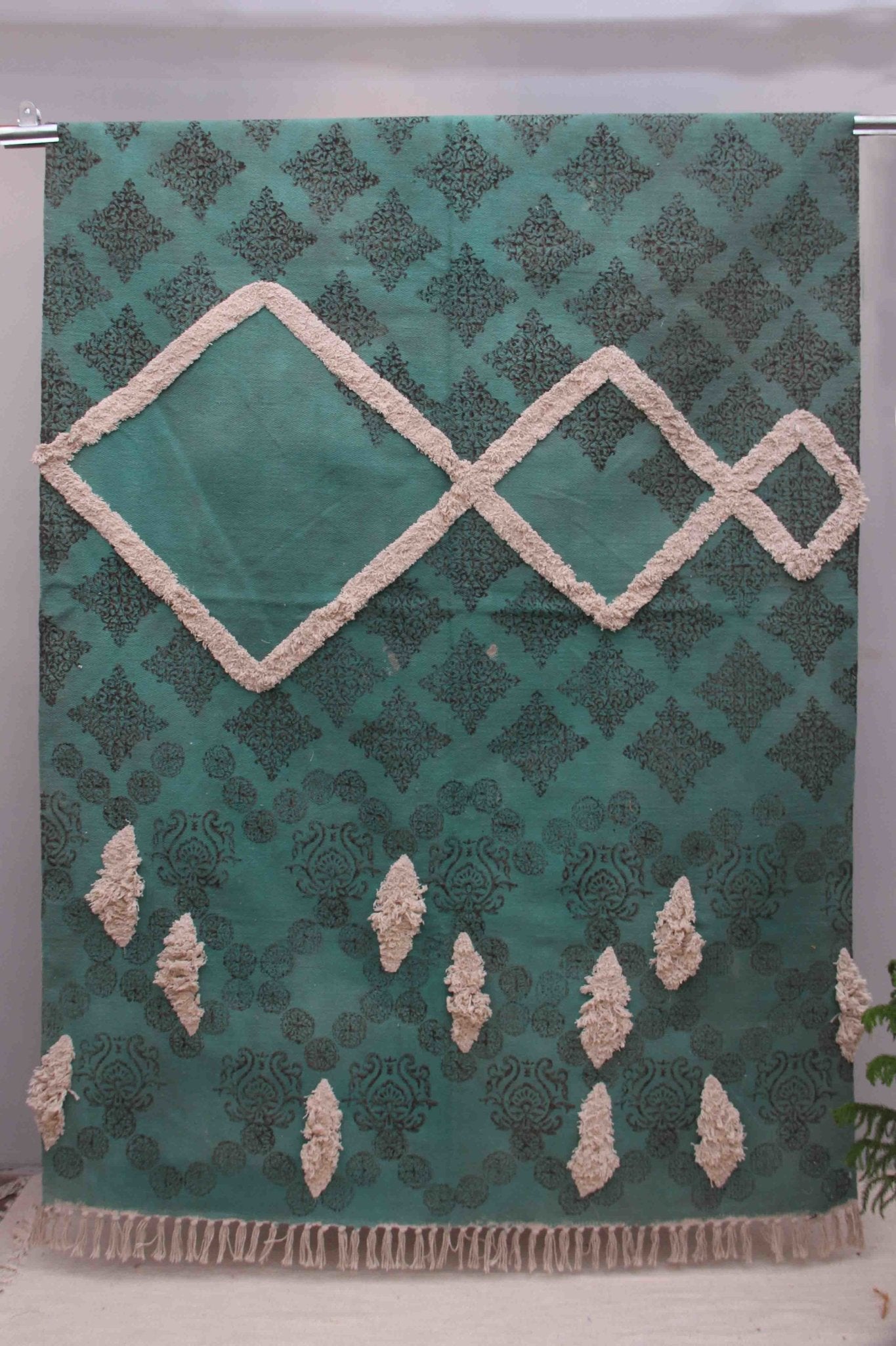 Block-Printed Cotton Dhurrie Rug in Turquoise Green — Art Avenue