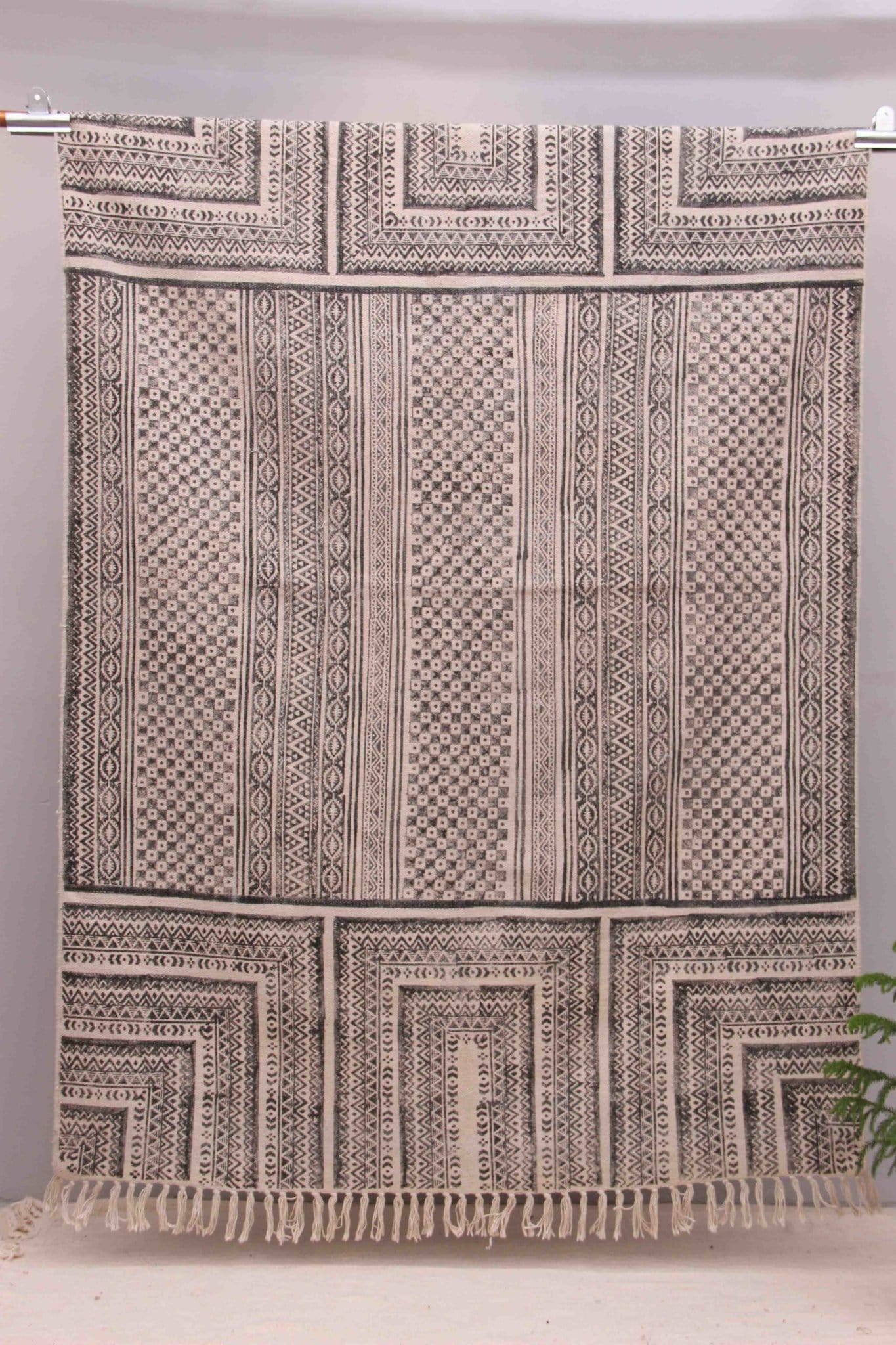 Block-Printed Cotton Dhurrie Rug in Black Modern — Art Avenue