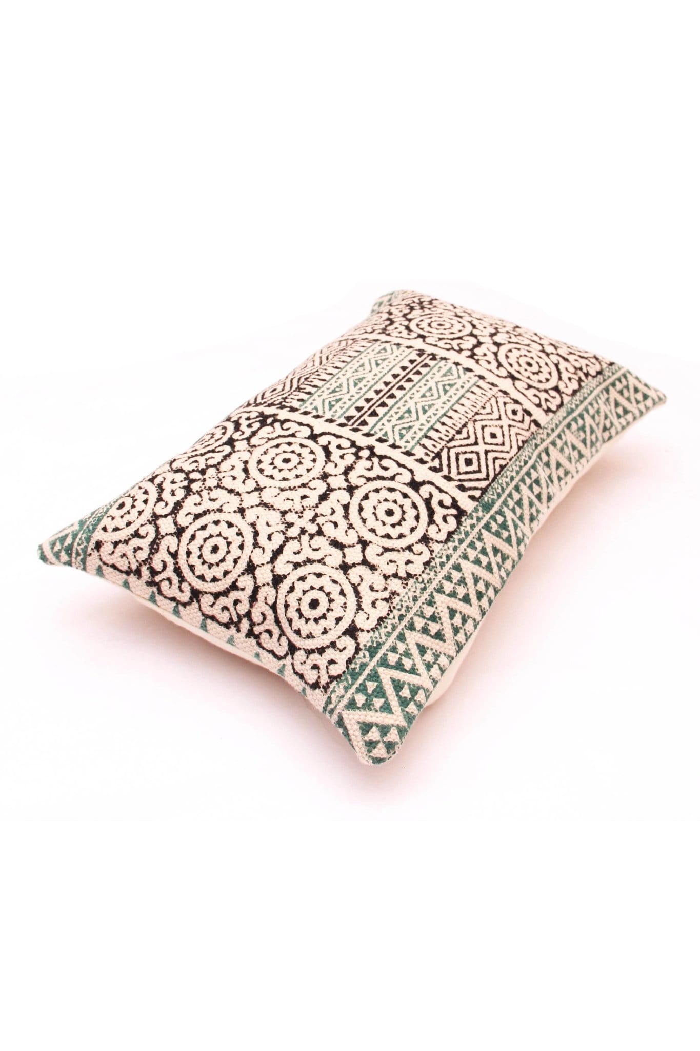 Detail of block-print on black lumbar cushion cover — Art Avenue