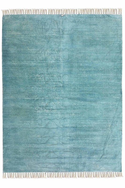 Block-Printed Cotton Dhurrie Rug in Aqua Solid — Art Avenue