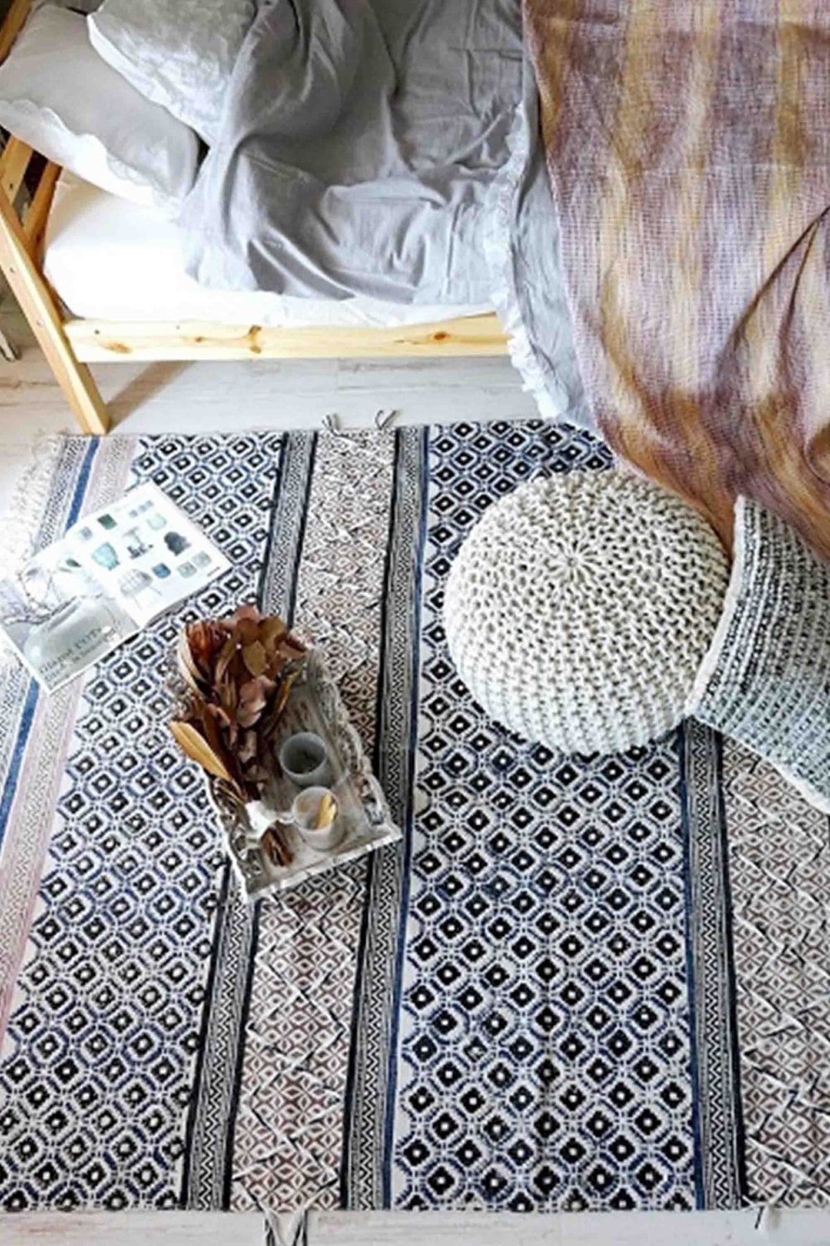 Block-printed cotton dhurrie rug in room setting — Art Avenue