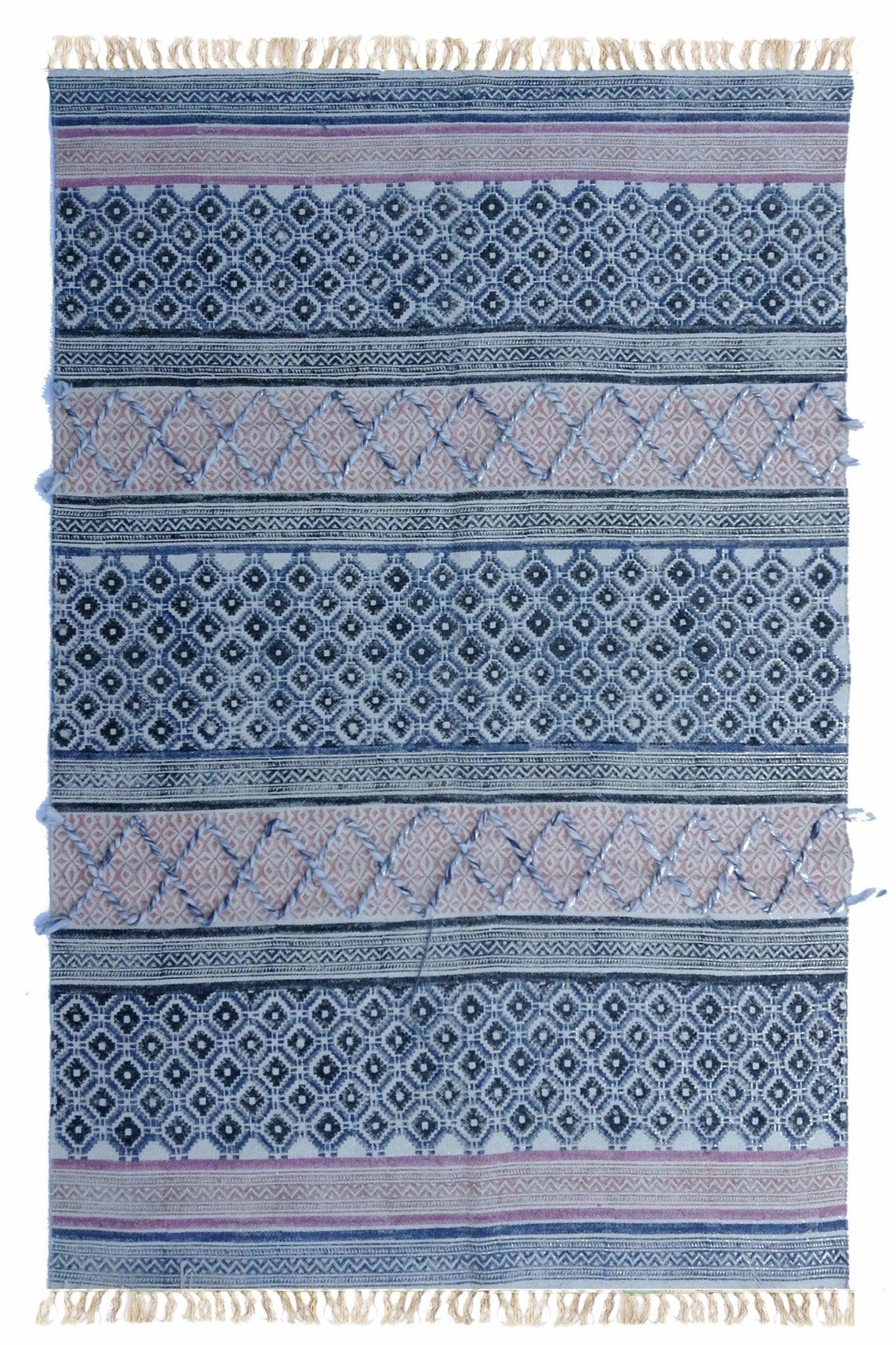 Block-Printed Cotton Dhurrie Rug in Blue & Pink Modern — Art Avenue