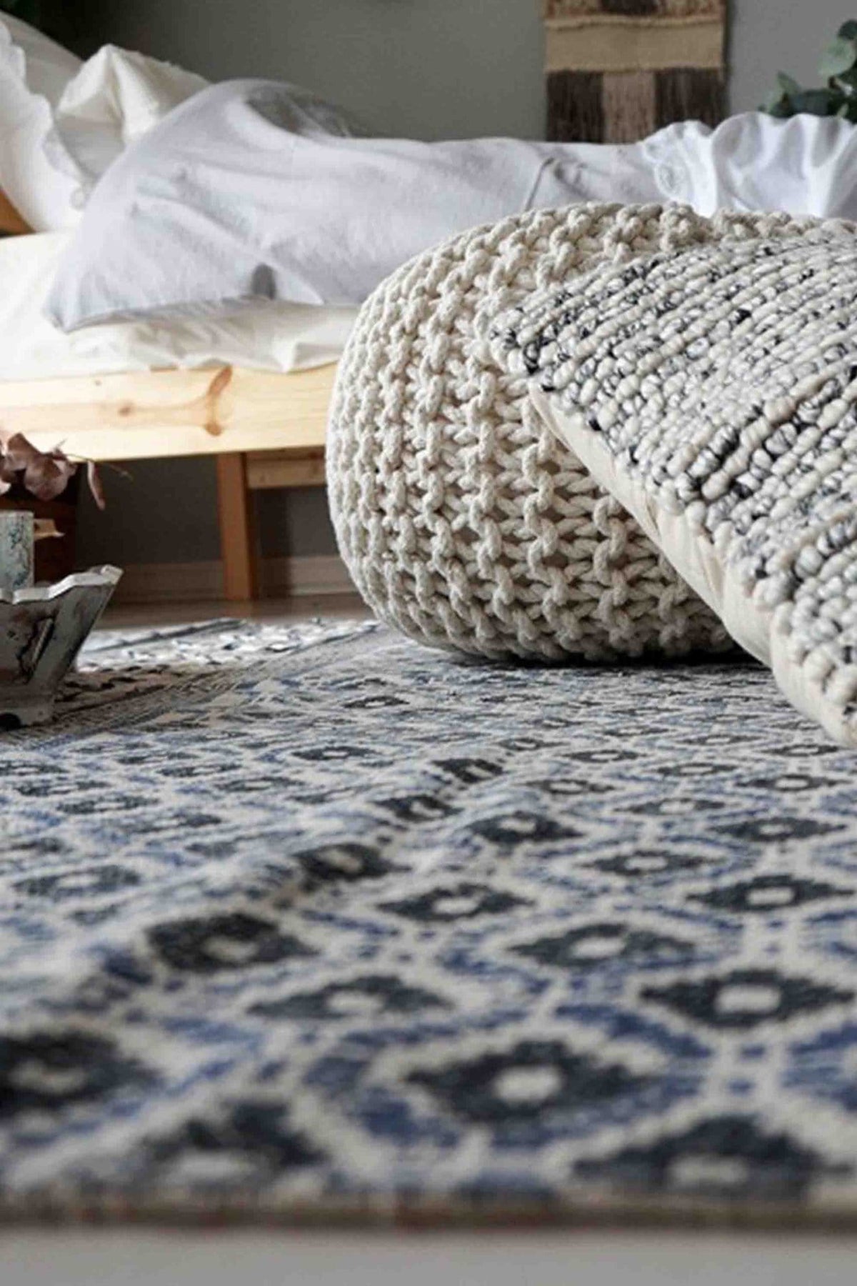 Shibuya Block-Printed Cotton Dhurrie Rug — overhead view — Art Avenue