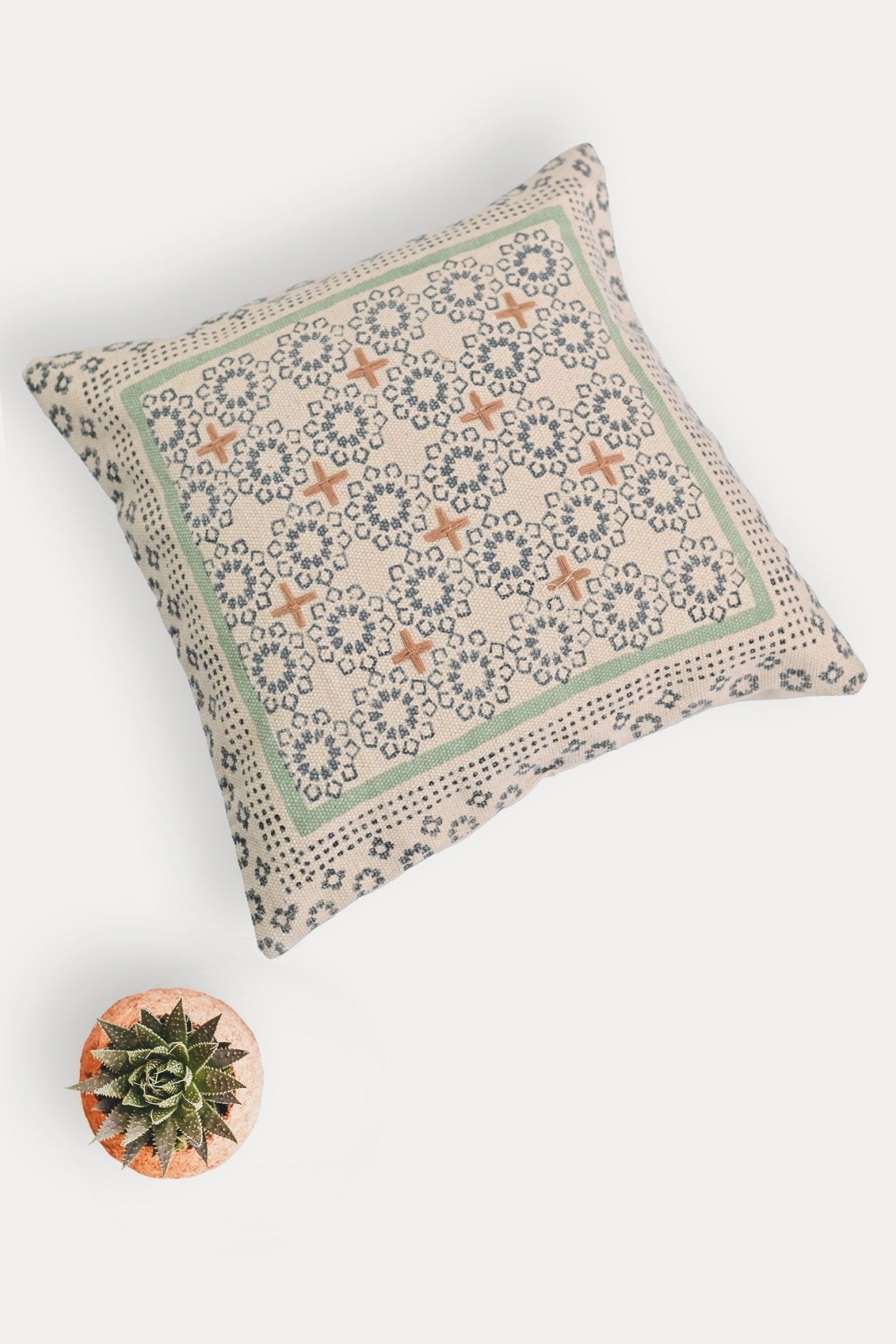 Siona Block-Printed Square Cushion Cover — Green — Art Avenue